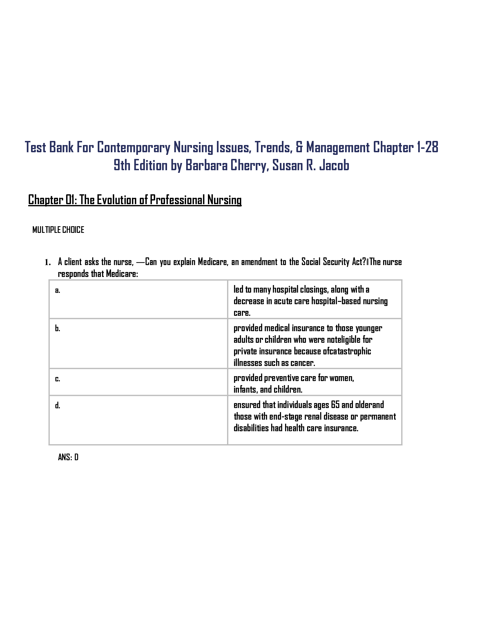 Test Bank For Contemporary Nursing Issues, Trends, & Management Chapter 1-28 9th Edition by Barbara Cherry, Susan R. Jacob
