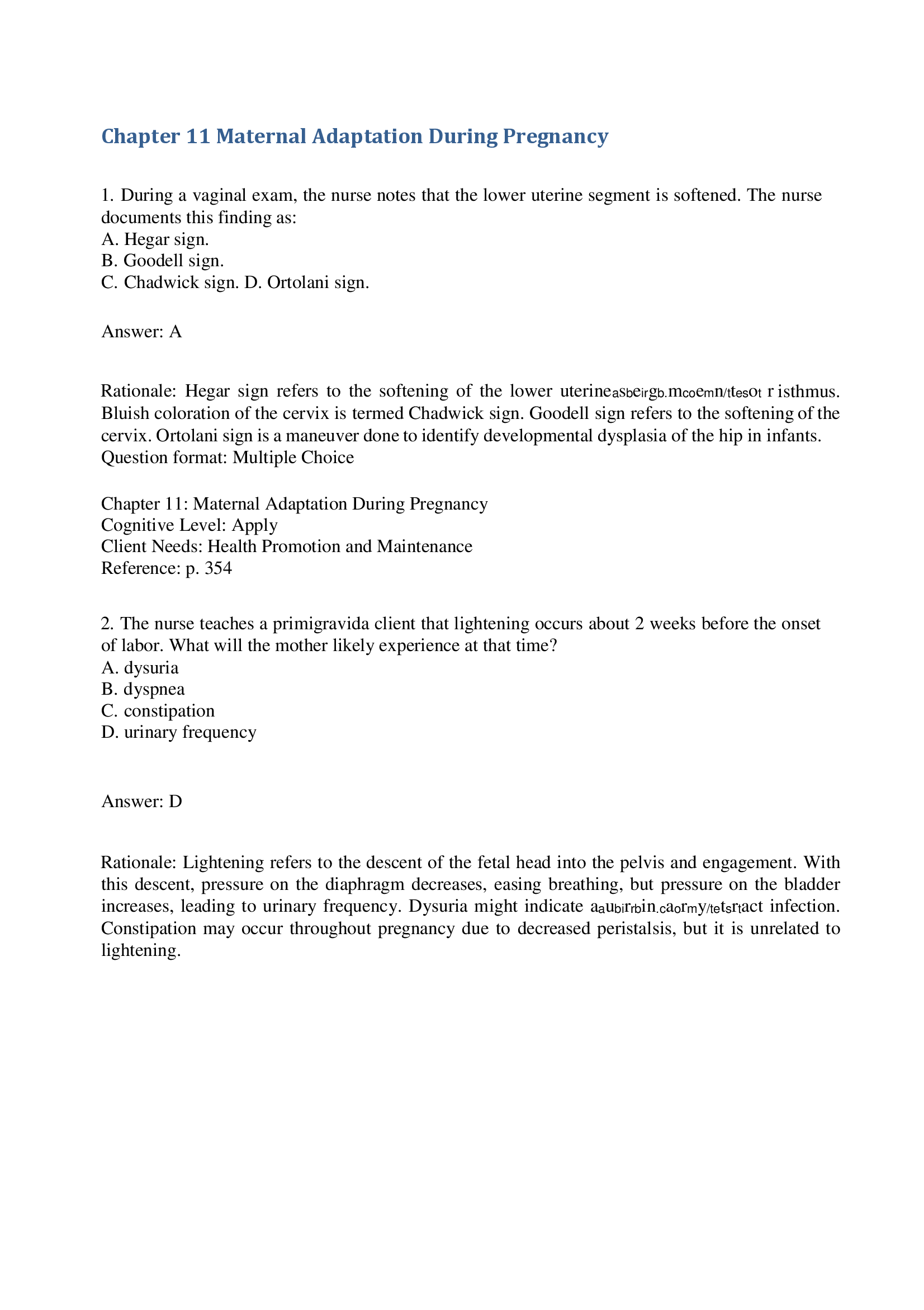 Chapter 11 Maternal Adaptation During Pregnancy