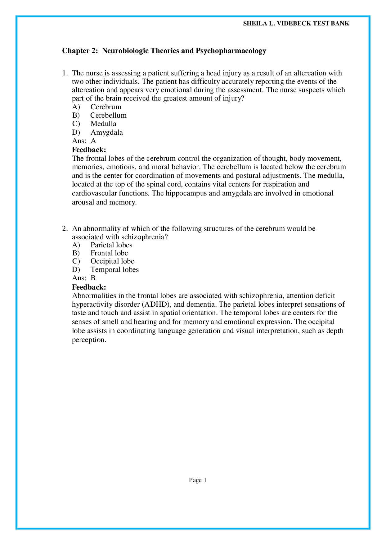 Chapter 2  Neurobiologic Theories and Psychopharmacology - psychiatric nursing test bank pdf