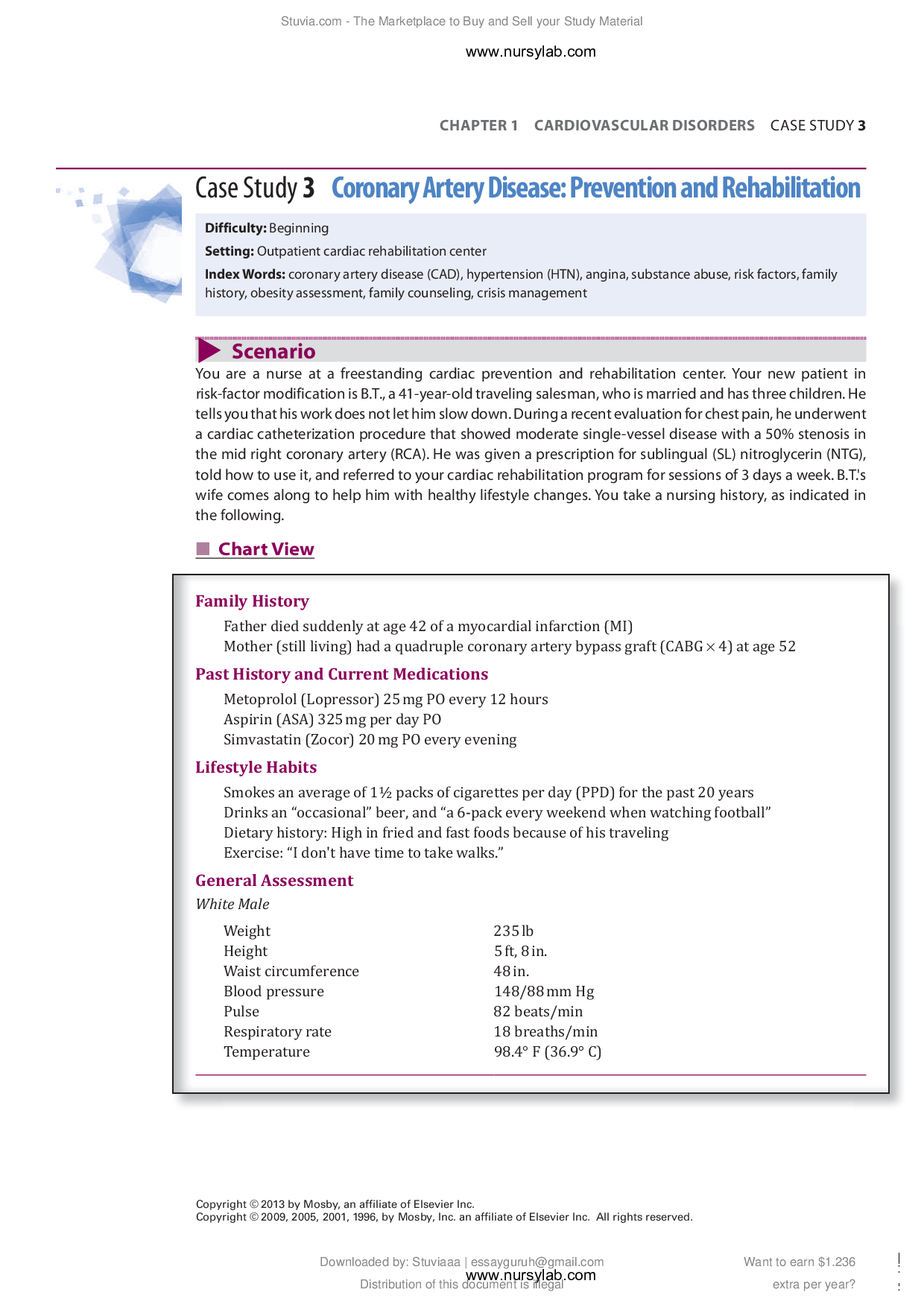 Case Study 3 Coronary Artery Disease, Prevention and Rehabilitation -  Winninghams Critical Thinking Cases in Nursing