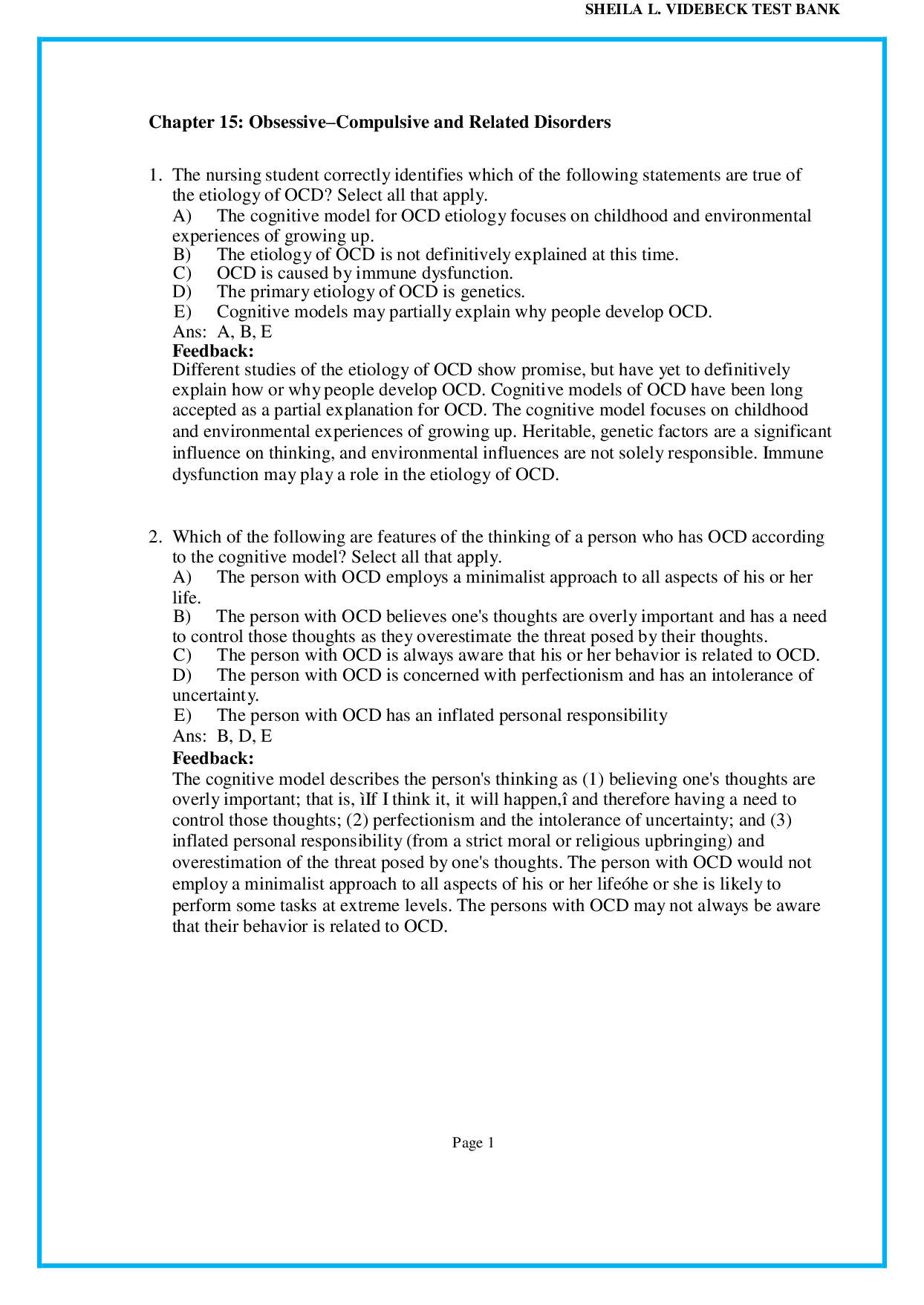Chapter 15 Obsessive–Compulsive and Related Disorders - psychiatric nursing test bank pdf