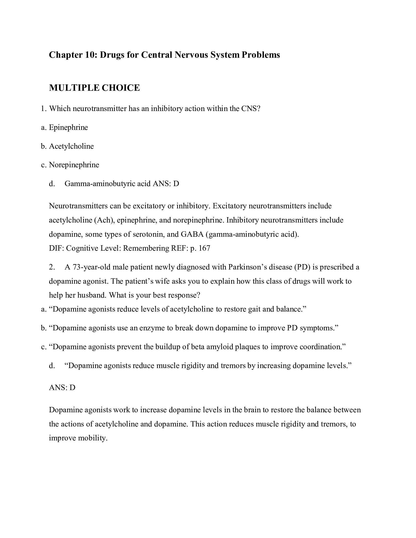Chapter 10 Drugs for Central Nervous System Problems