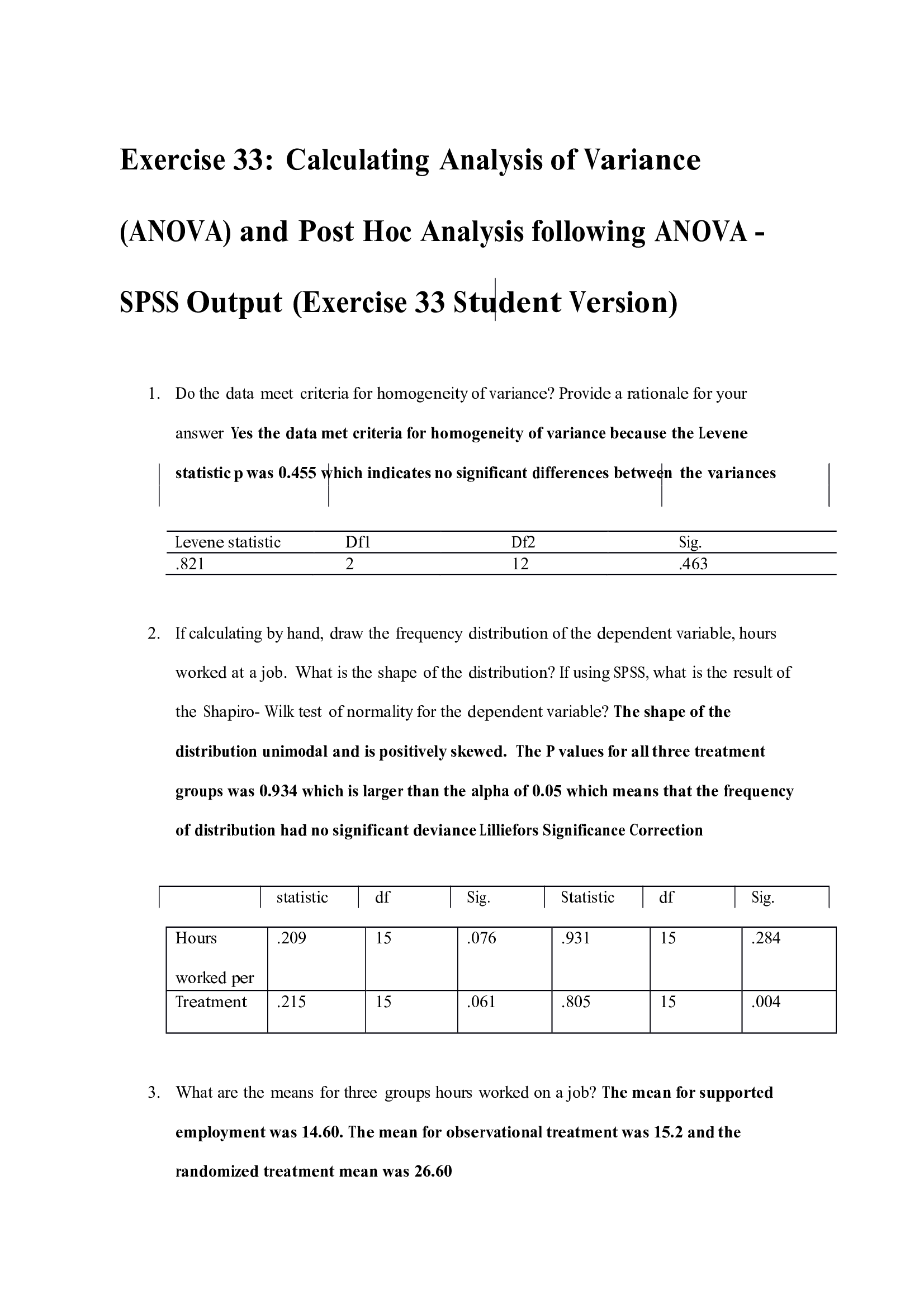 Exercise 33 Calculating Analysis of Variance (ANOVA) and Post Hoc Analysis following ANOVA - SPSS Output