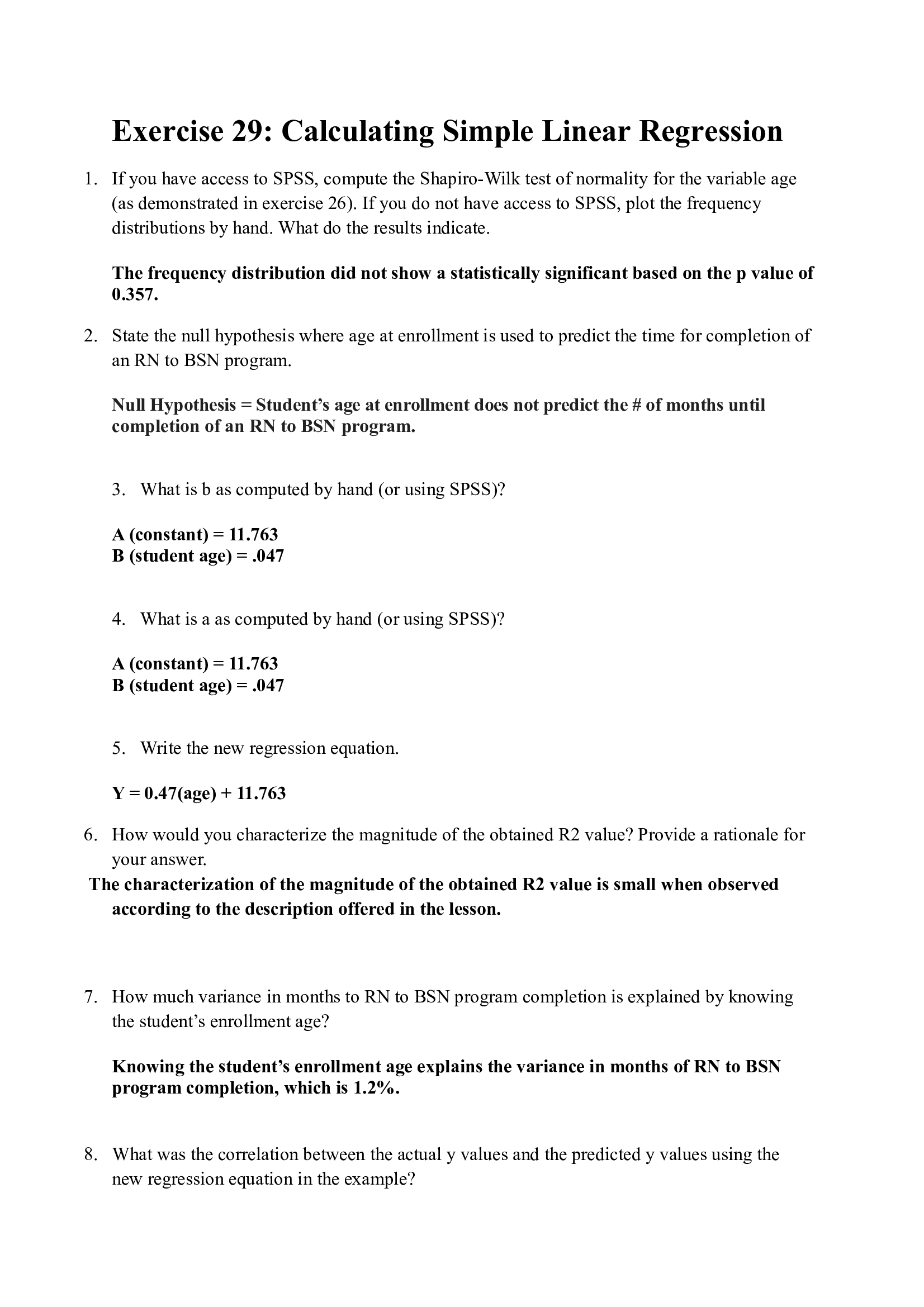 Exercise 29 Calculating Simple Linear Regression