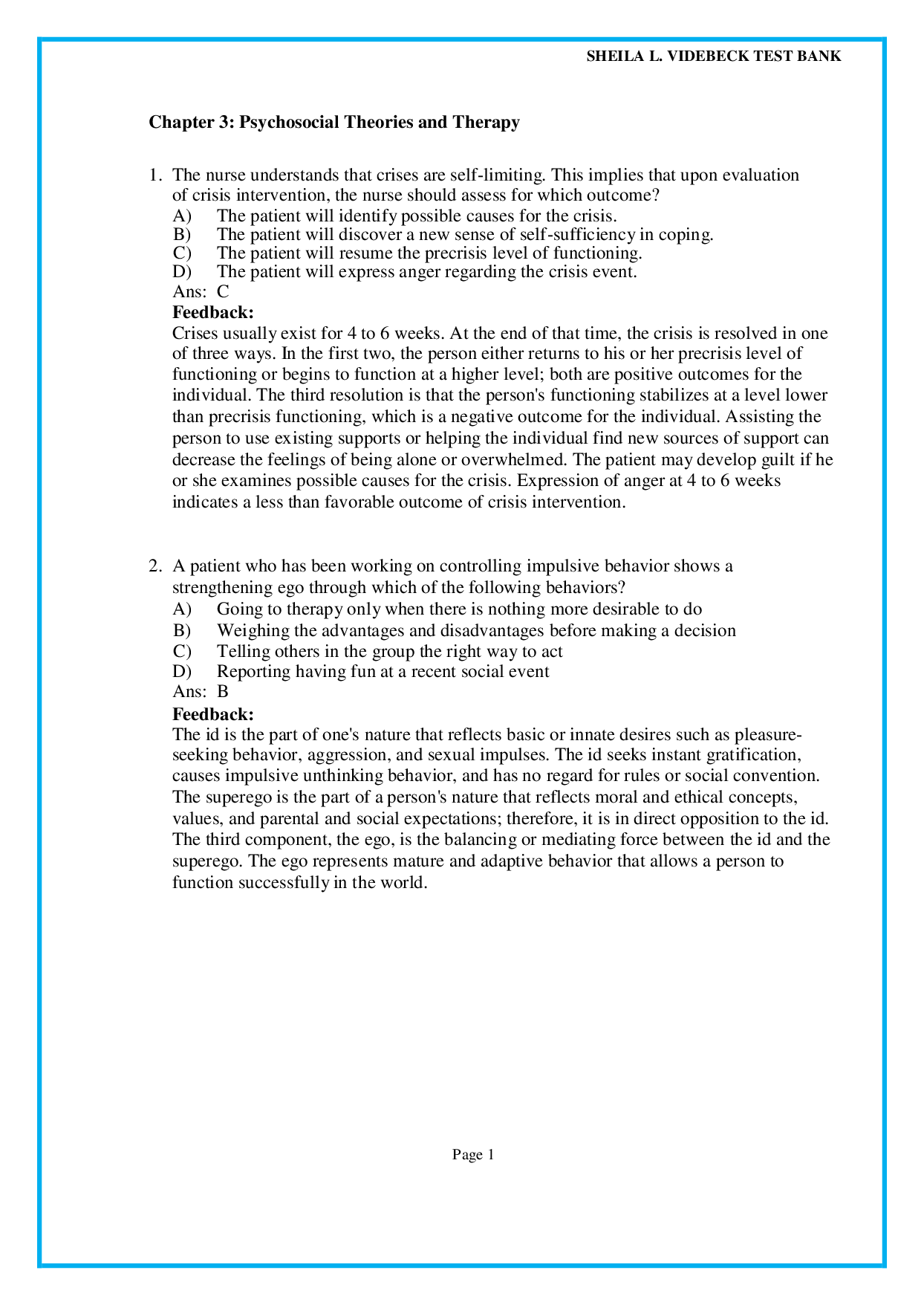 Chapter 3 Psychosocial Theories and Therapy - psychiatric nursing test bank pdf