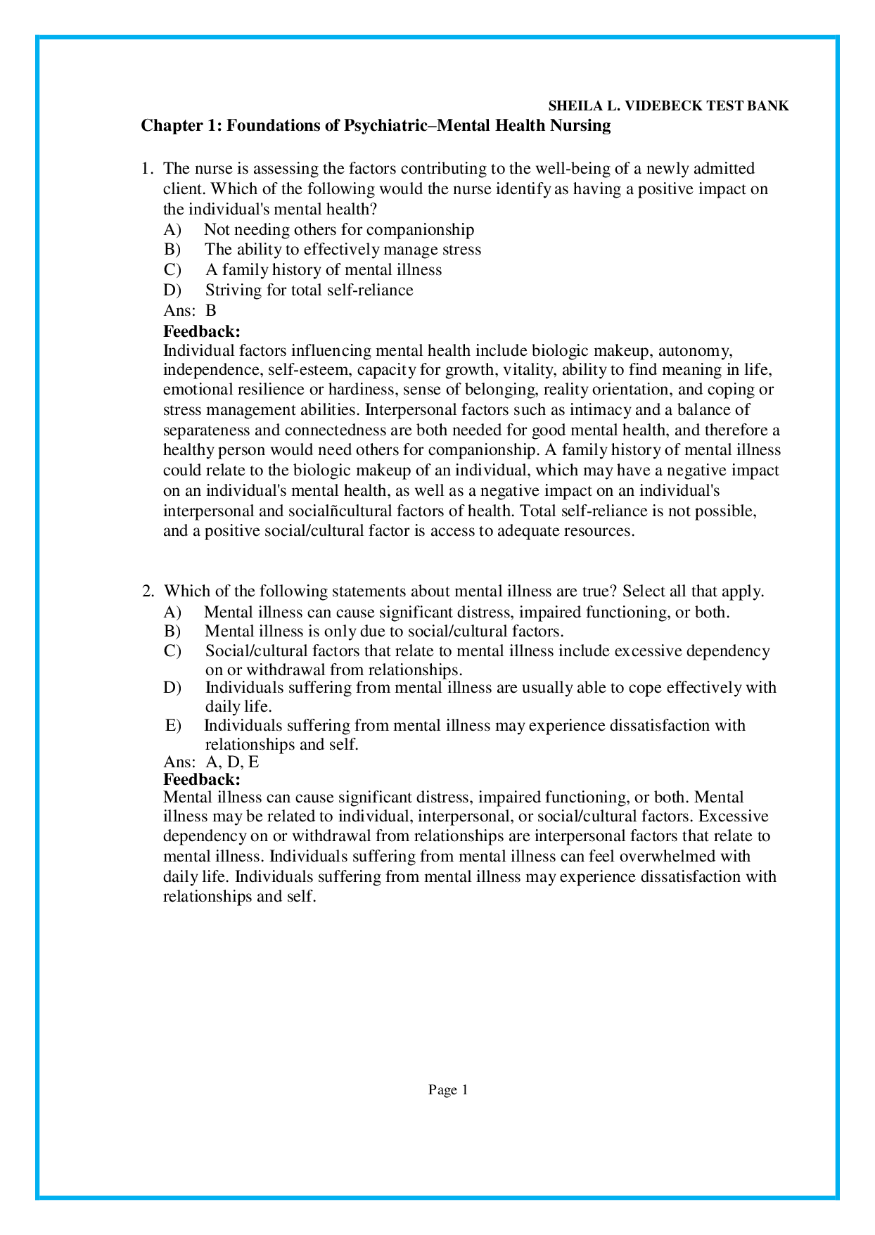 Chapter 1 Foundations of Psychiatric–Mental Health Nursing - psychiatric nursing test bank pdf