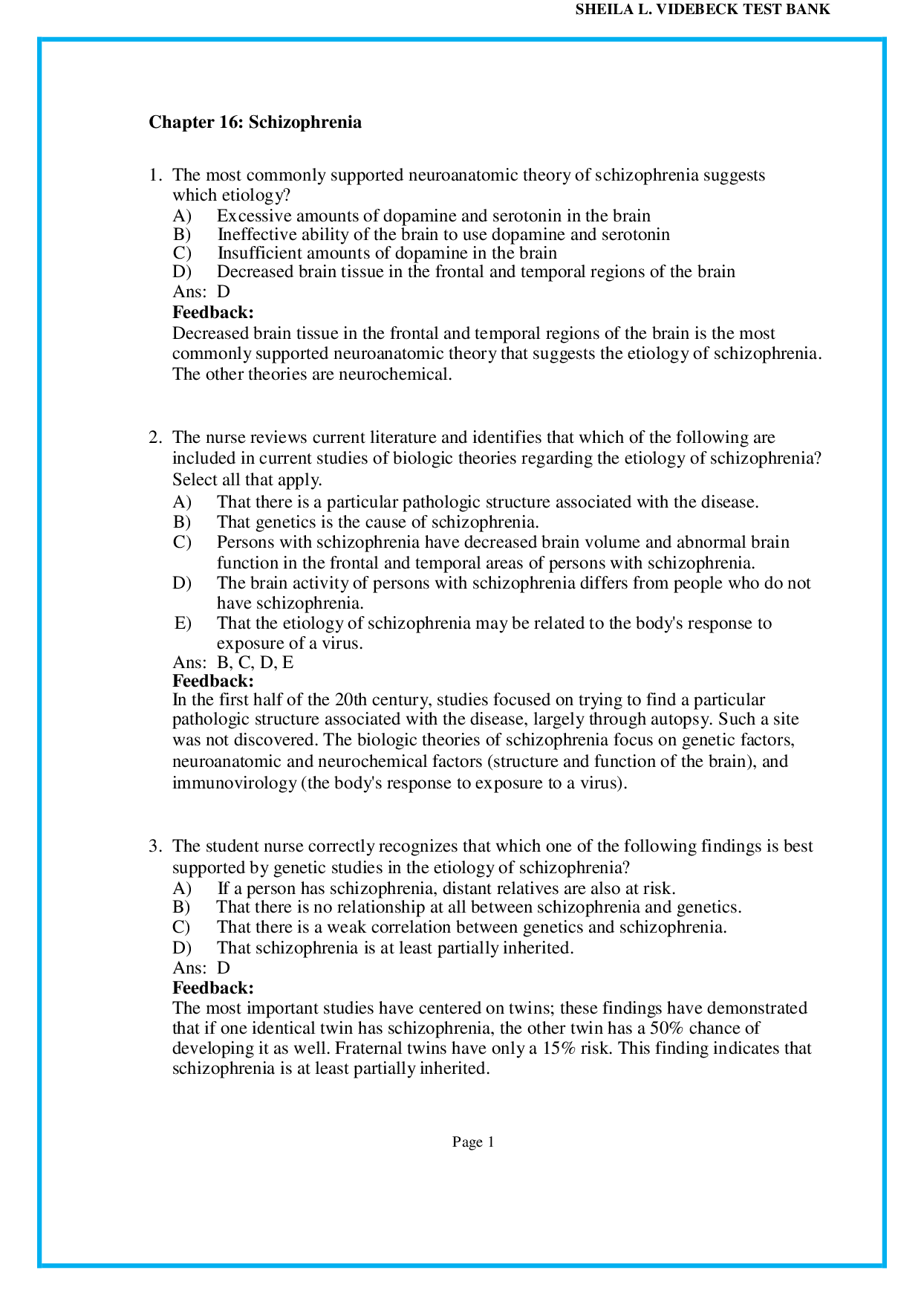 Chapter 16 Schizophrenia - psychiatric nursing test bank pdf