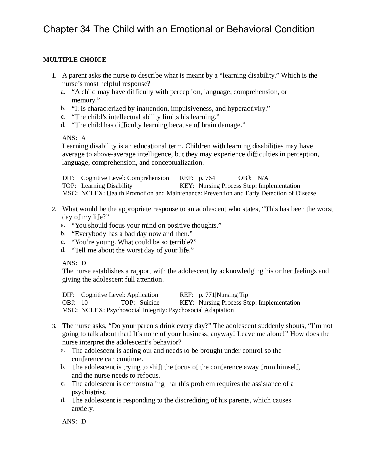 Chapter 34 The Child with an Emotional or Behavioral Condition - Leifer Maternity and Pediatric Nursing