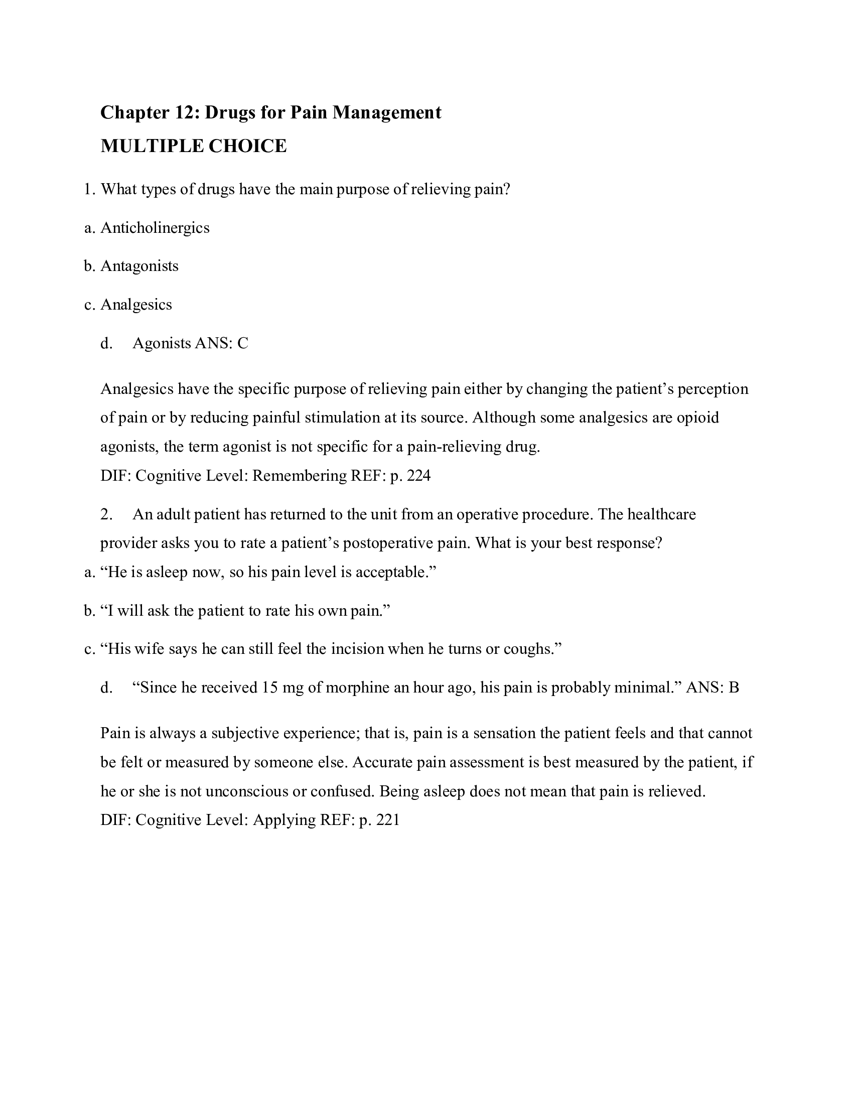 Chapter 12 Drugs for Pain Management