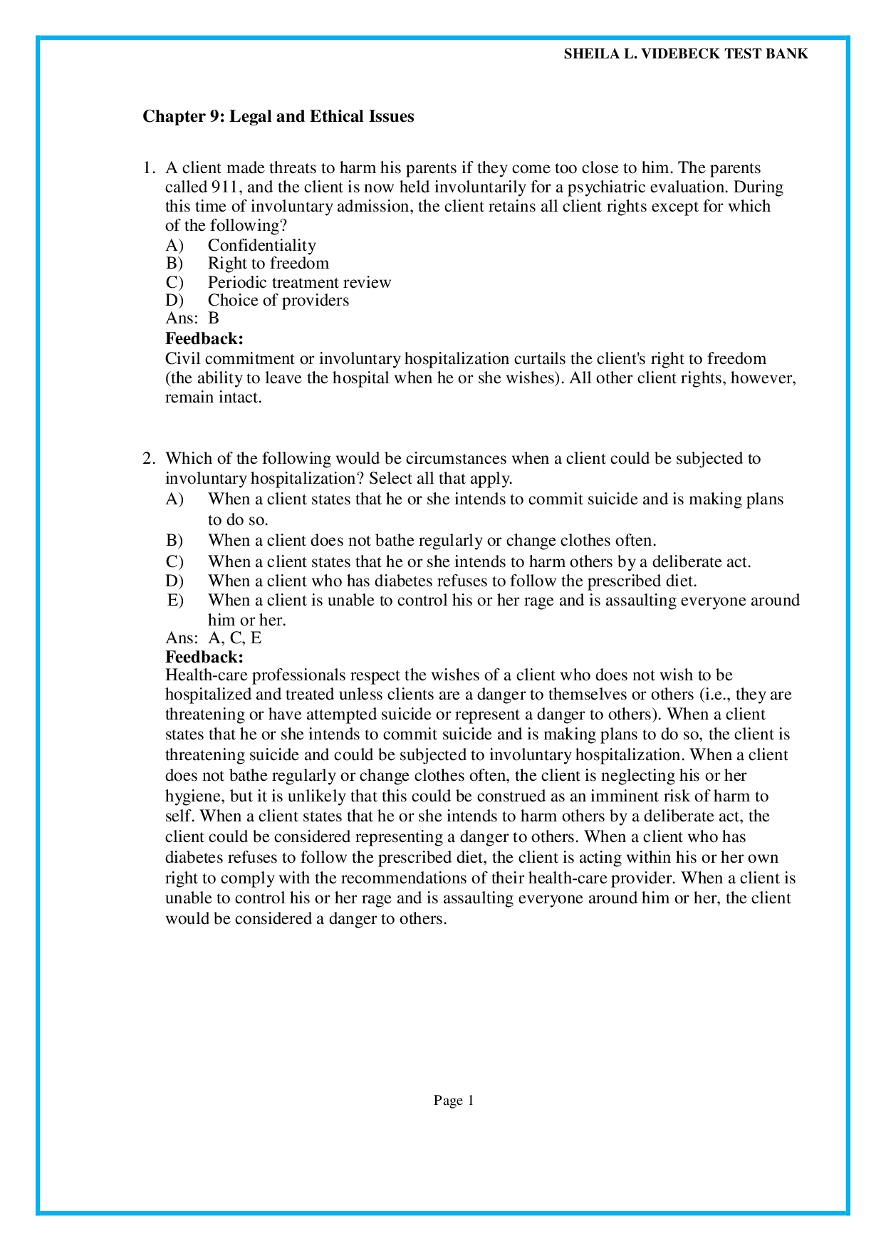 Chapter 9 Legal and Ethical Issues - psychiatric nursing test bank pdf