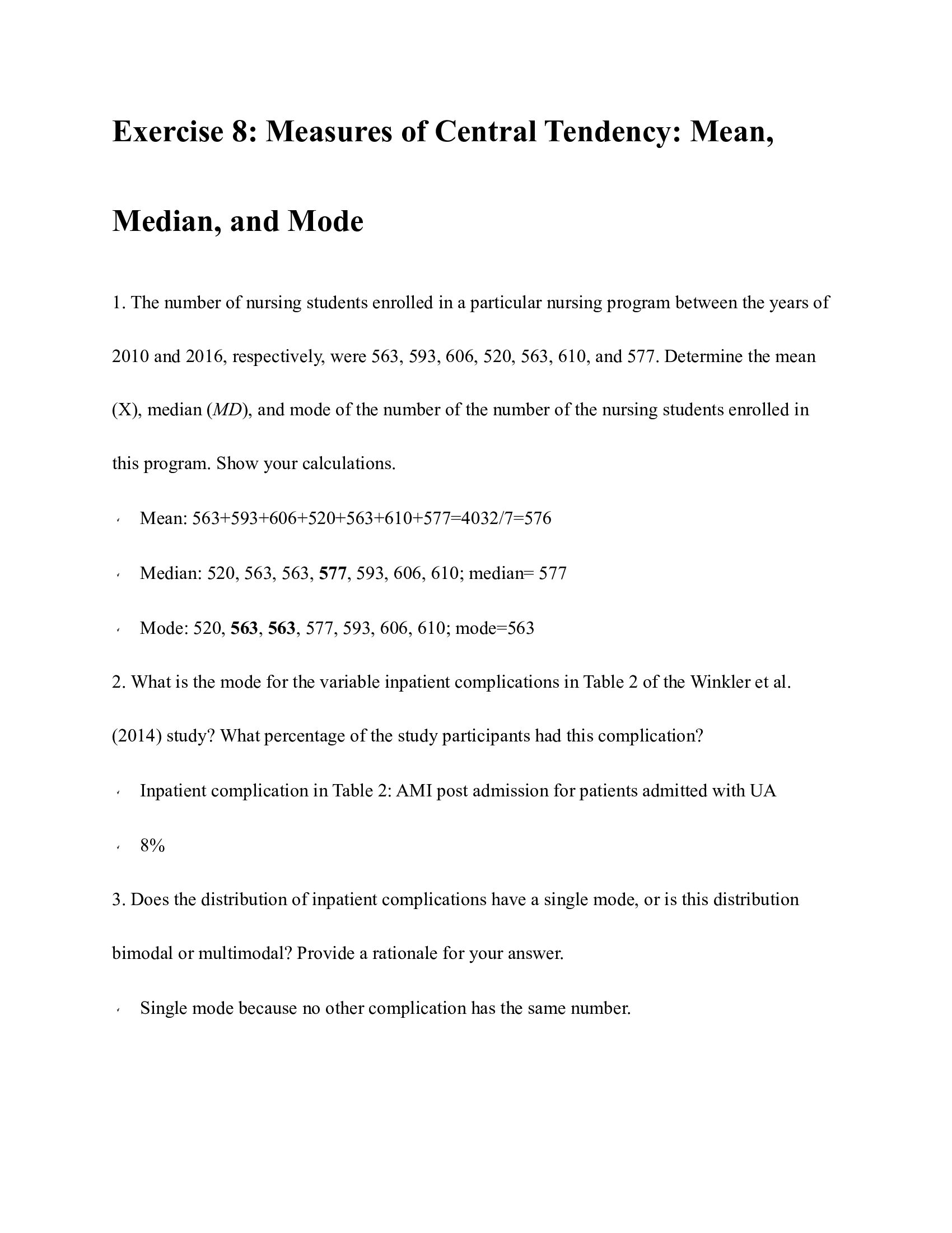 Exercise 8 Measures of Central Tendency Mean, Median, and Mode