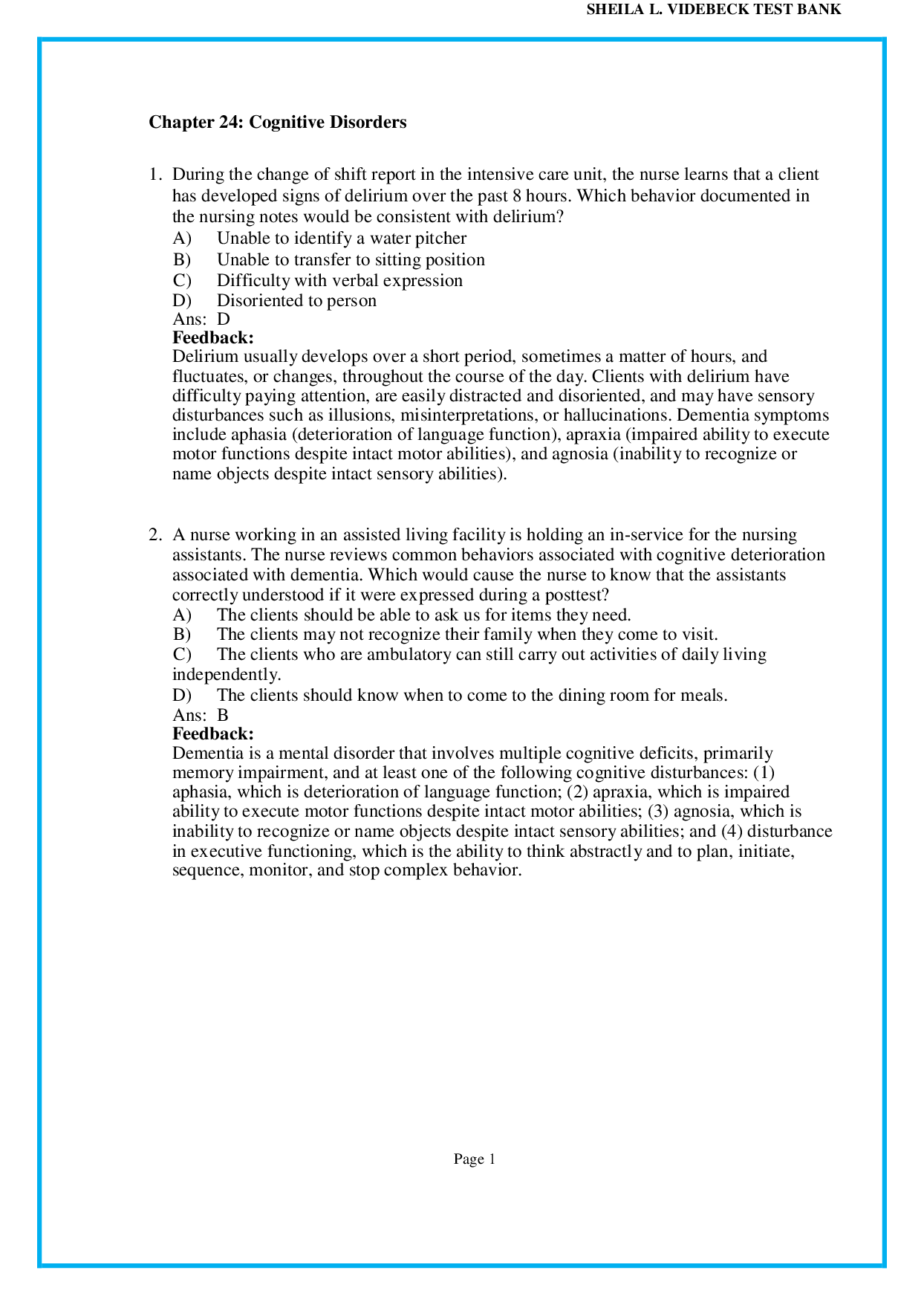 Chapter 24 Cognitive Disorders - psychiatric nursing test bank pdf