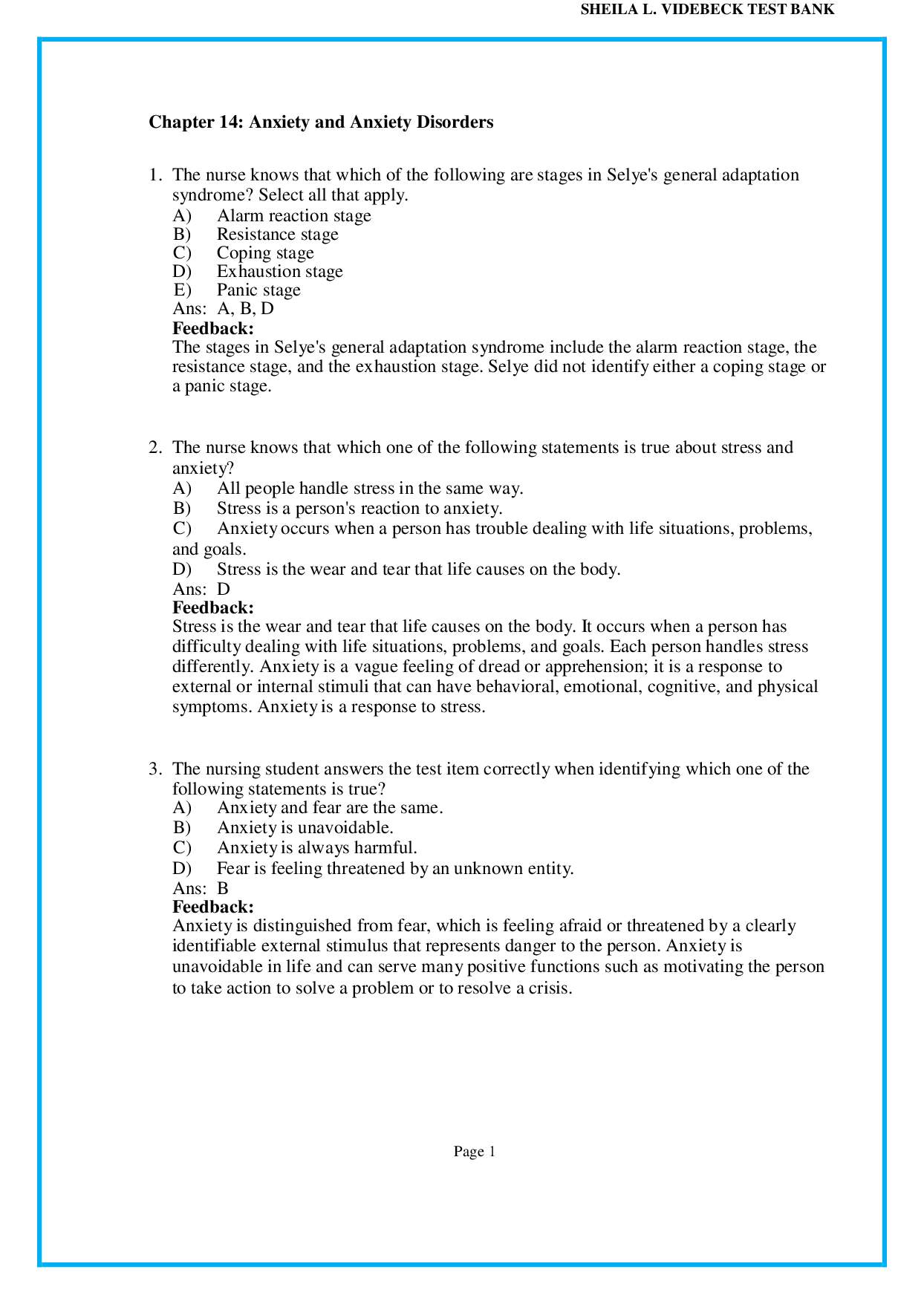 Chapter 14 Anxiety and Anxiety Disorders - psychiatric nursing test bank pdf