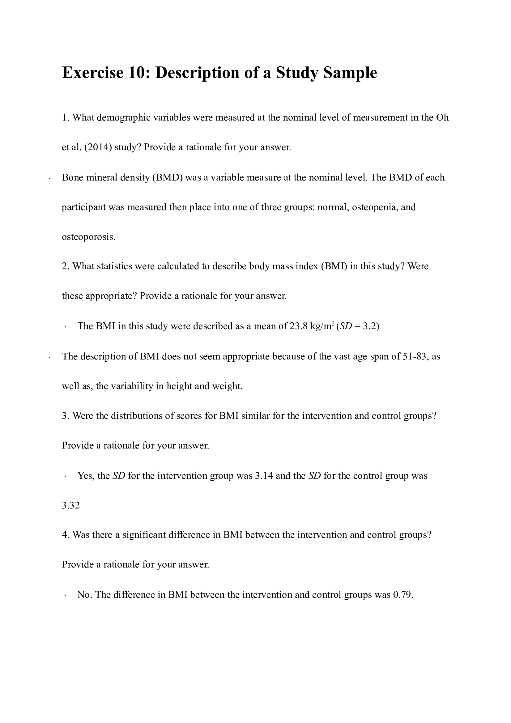 Exercise 10 Description of a Study Sample