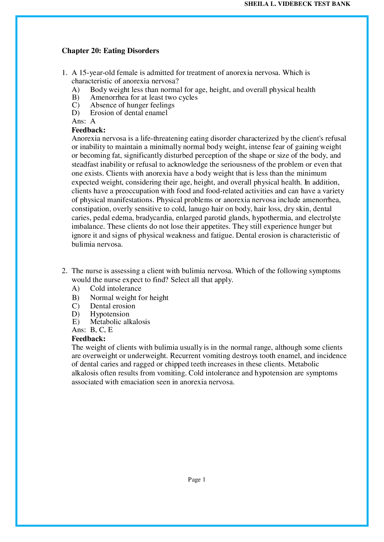 Chapter 20 Eating Disorders - psychiatric nursing test bank pdf