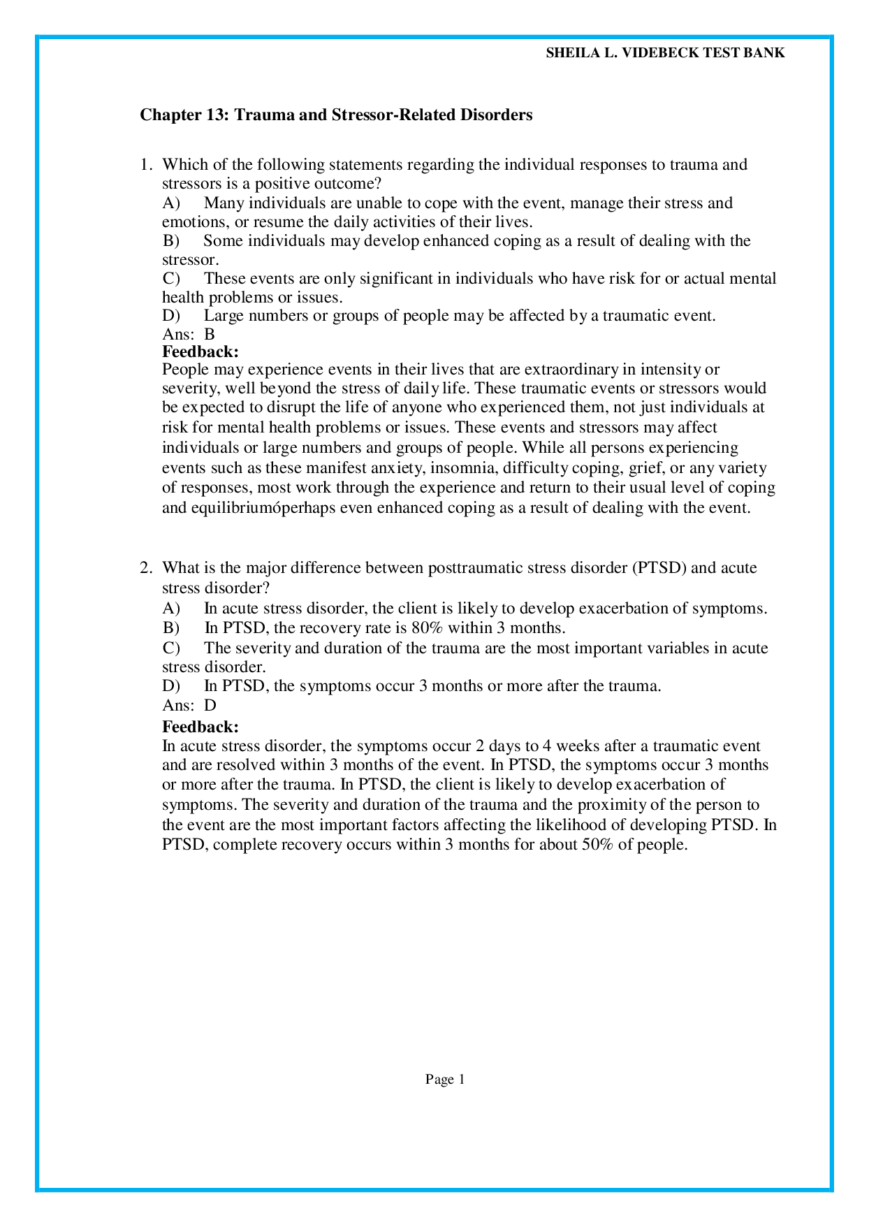 Chapter 13 Trauma and Stressor-Related Disorders - psychiatric nursing test bank pdf