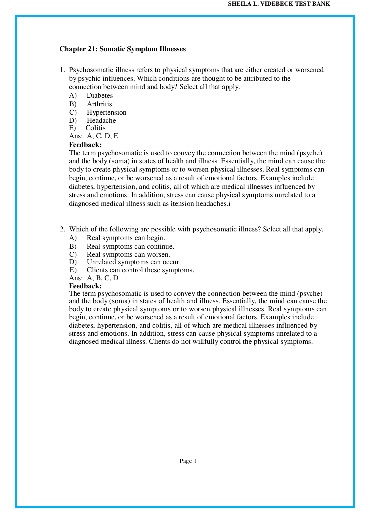 Chapter 21 Somatic Symptom Illnesses - psychiatric nursing test bank pdf