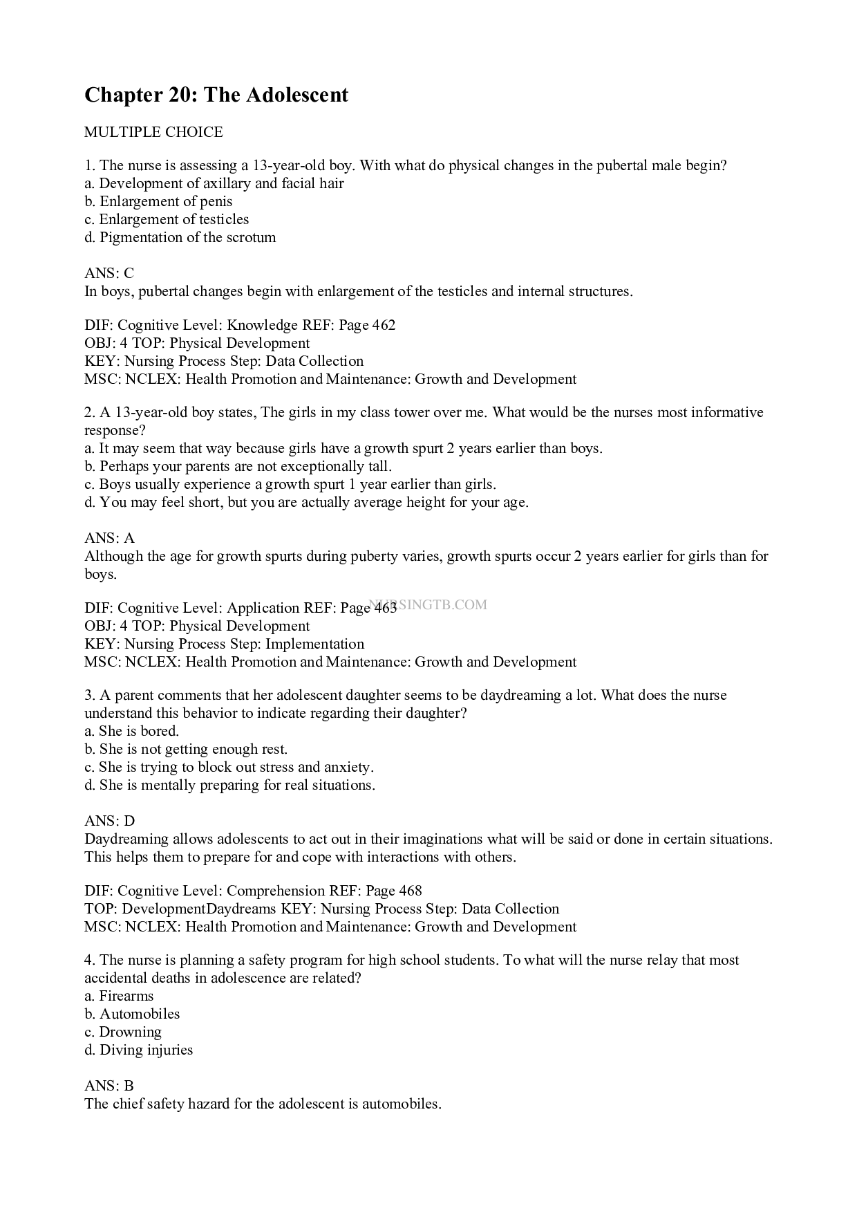 Chapter 20 The Adolescent - Leifer Maternity and Pediatric Nursing