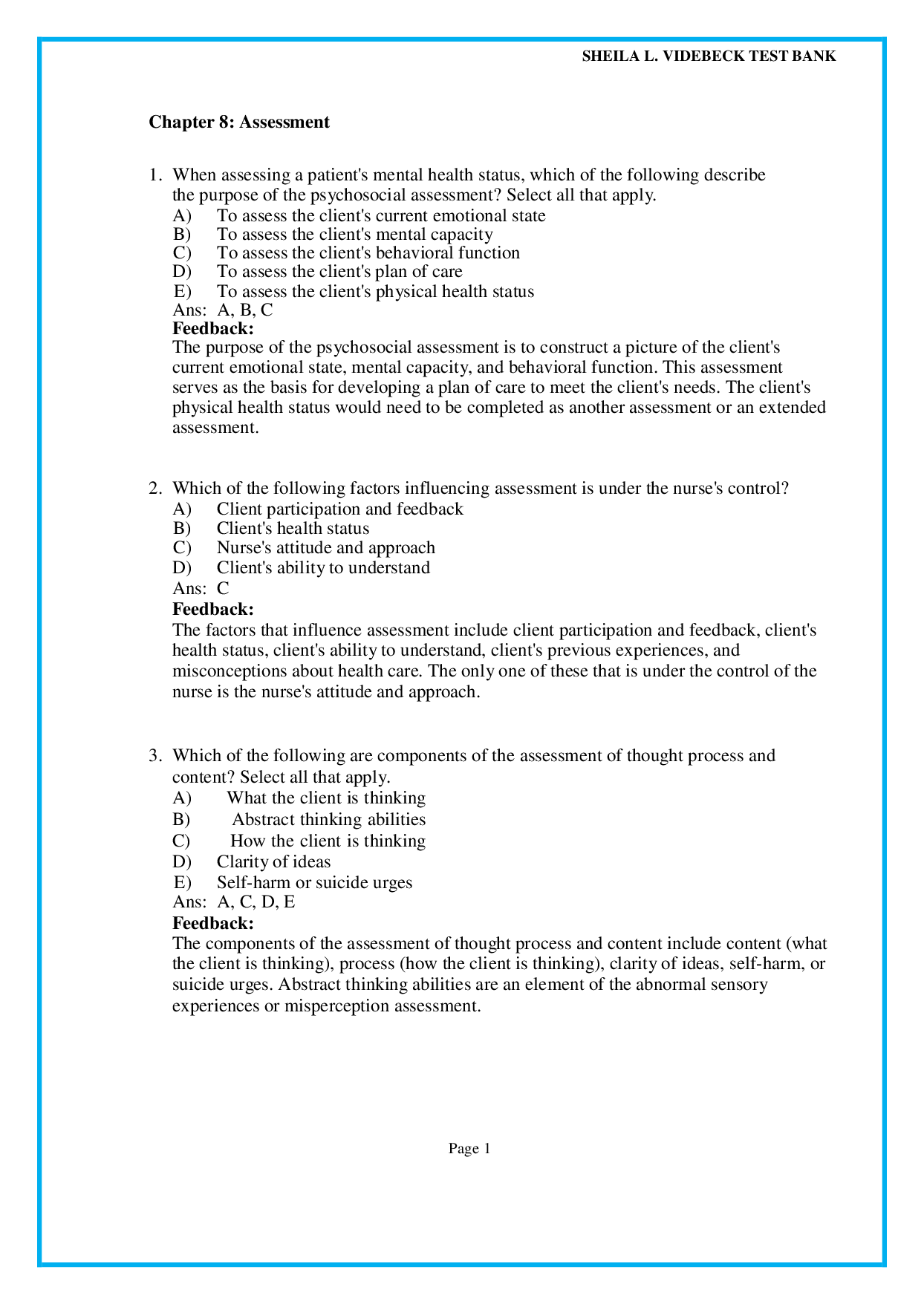 Chapter 8 Assessment - psychiatric nursing test bank pdf