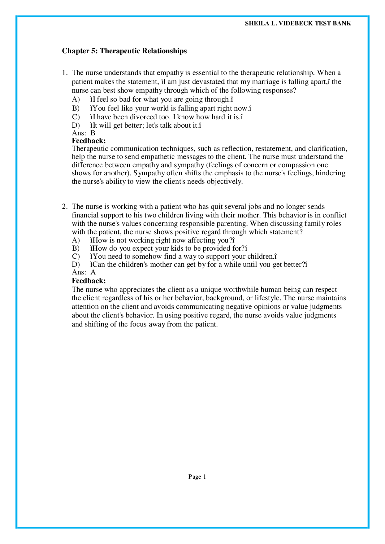 Chapter 5 Therapeutic Relationships - psychiatric nursing test bank pdf
