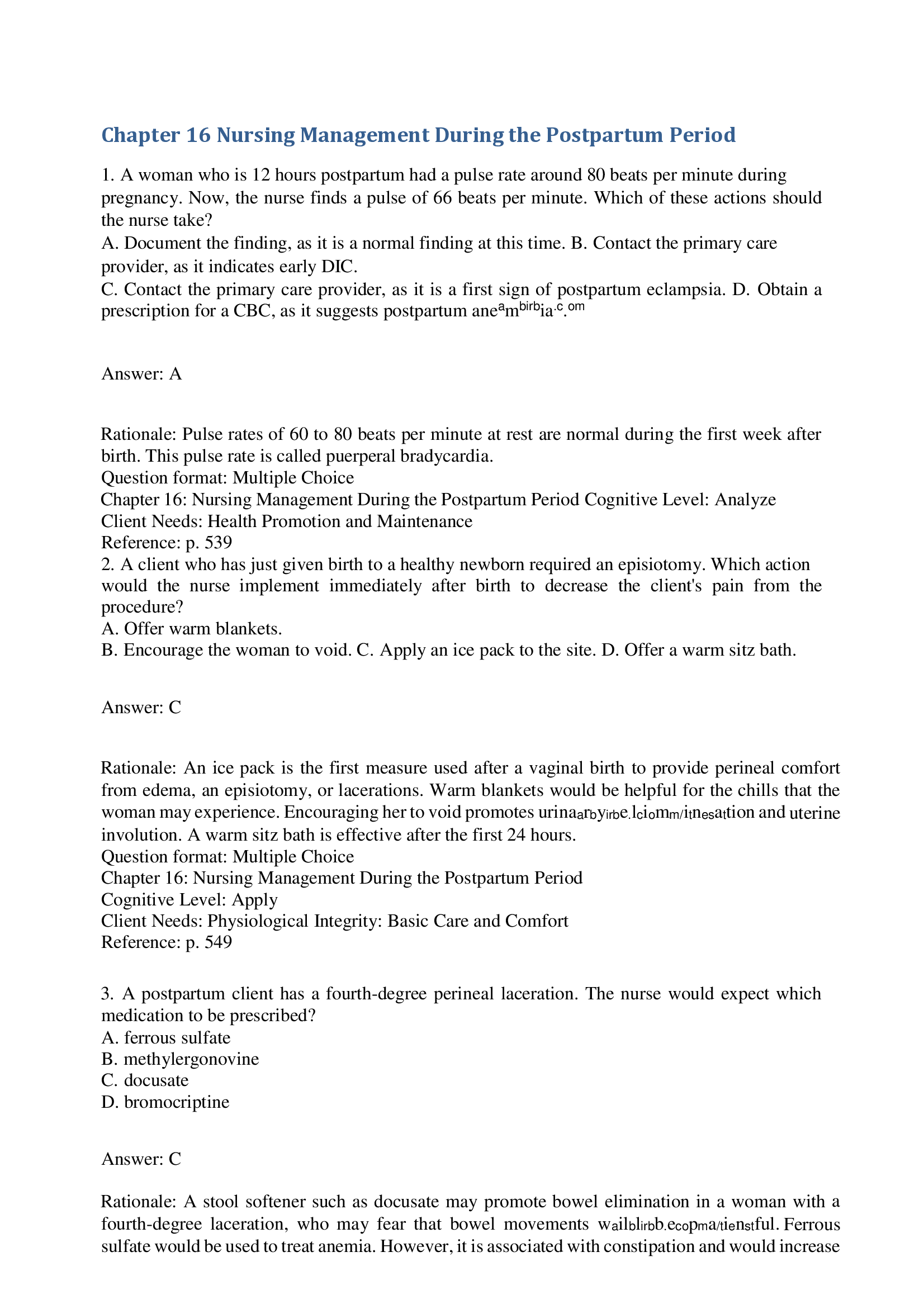 Chapter 16 Nursing Management During the Postpartum Period