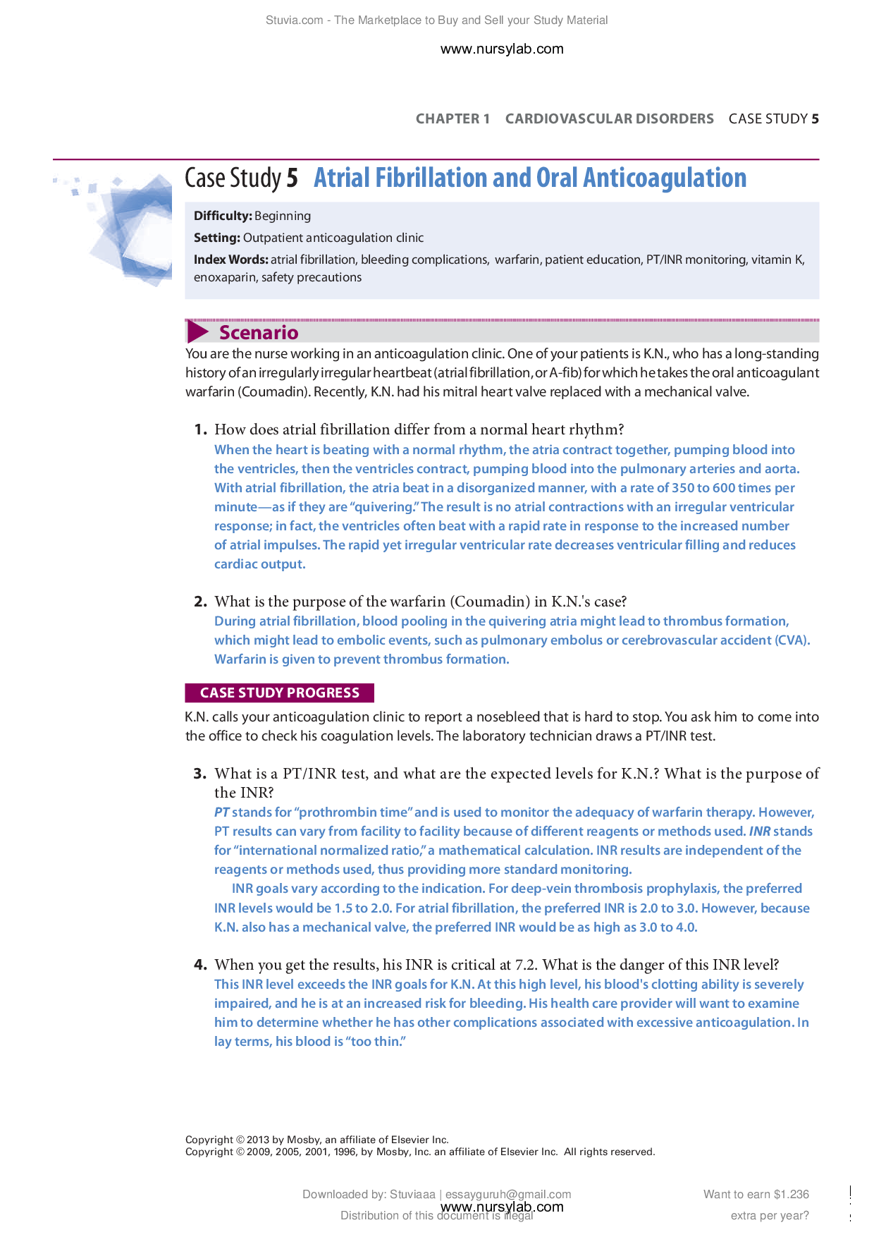 Case Study 5 Atrial Fibrillation and Oral Anticoagulation - Winninghams Critical Thinking Cases in Nursing