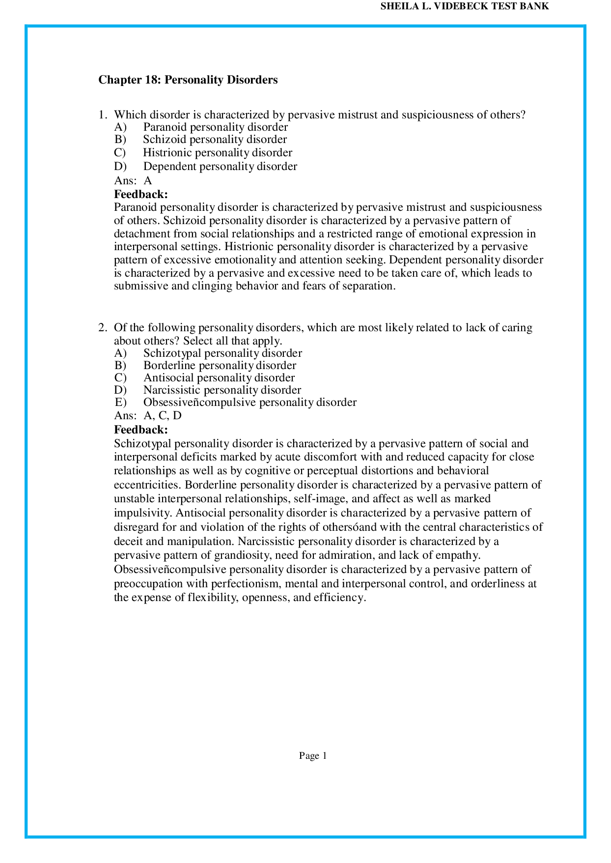 Chapter 18 Personality Disorders - psychiatric nursing test bank pdf