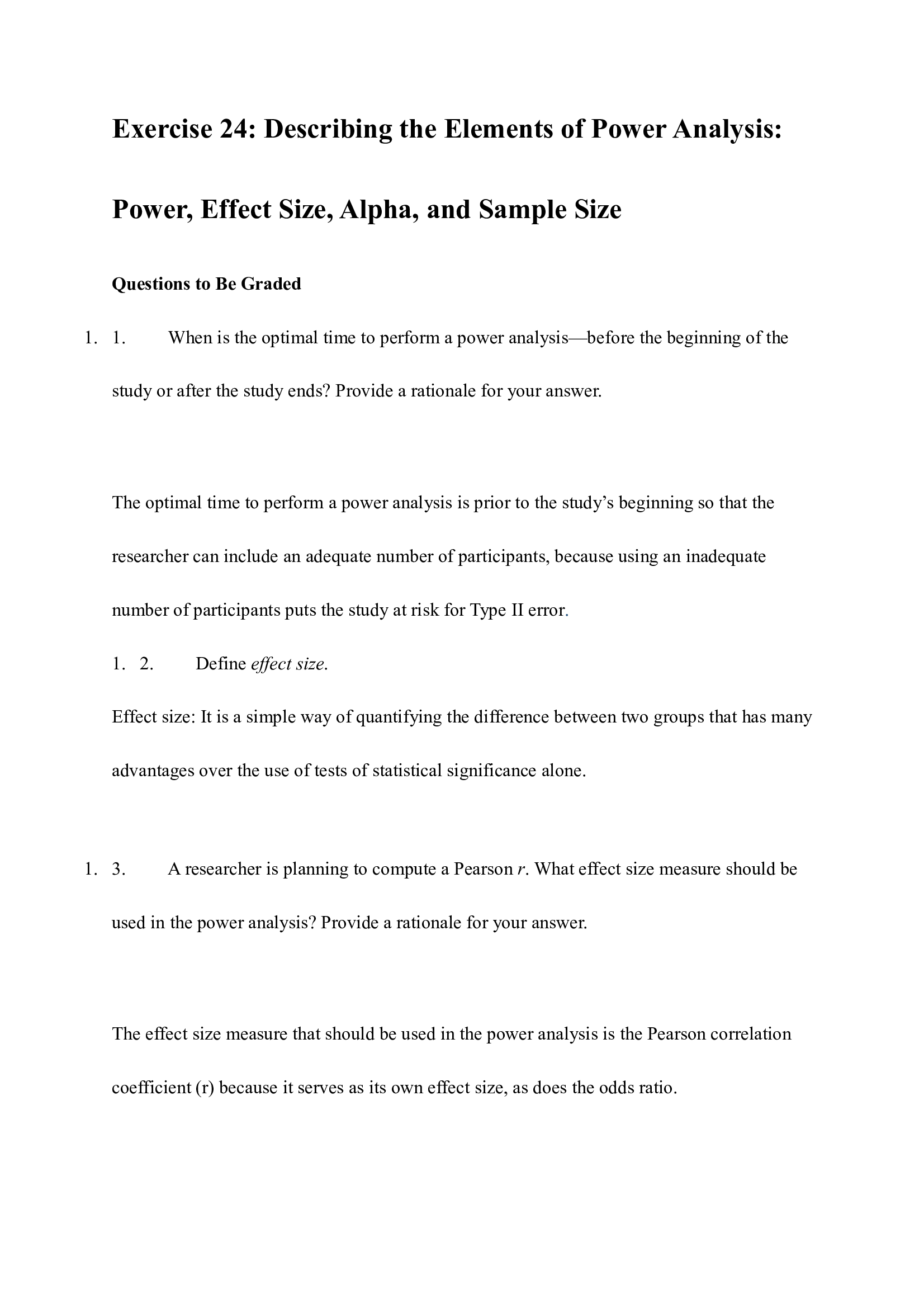 Exercise 24 Describing the Elements of Power Analysis, Power, Effect Size, Alpha, and Sample Size