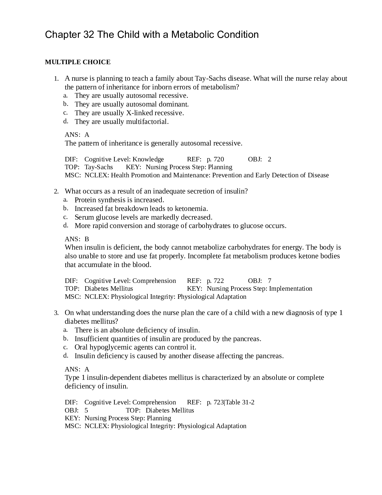 Chapter 32 The Child with a Metabolic Condition - Leifer Maternity and Pediatric Nursing