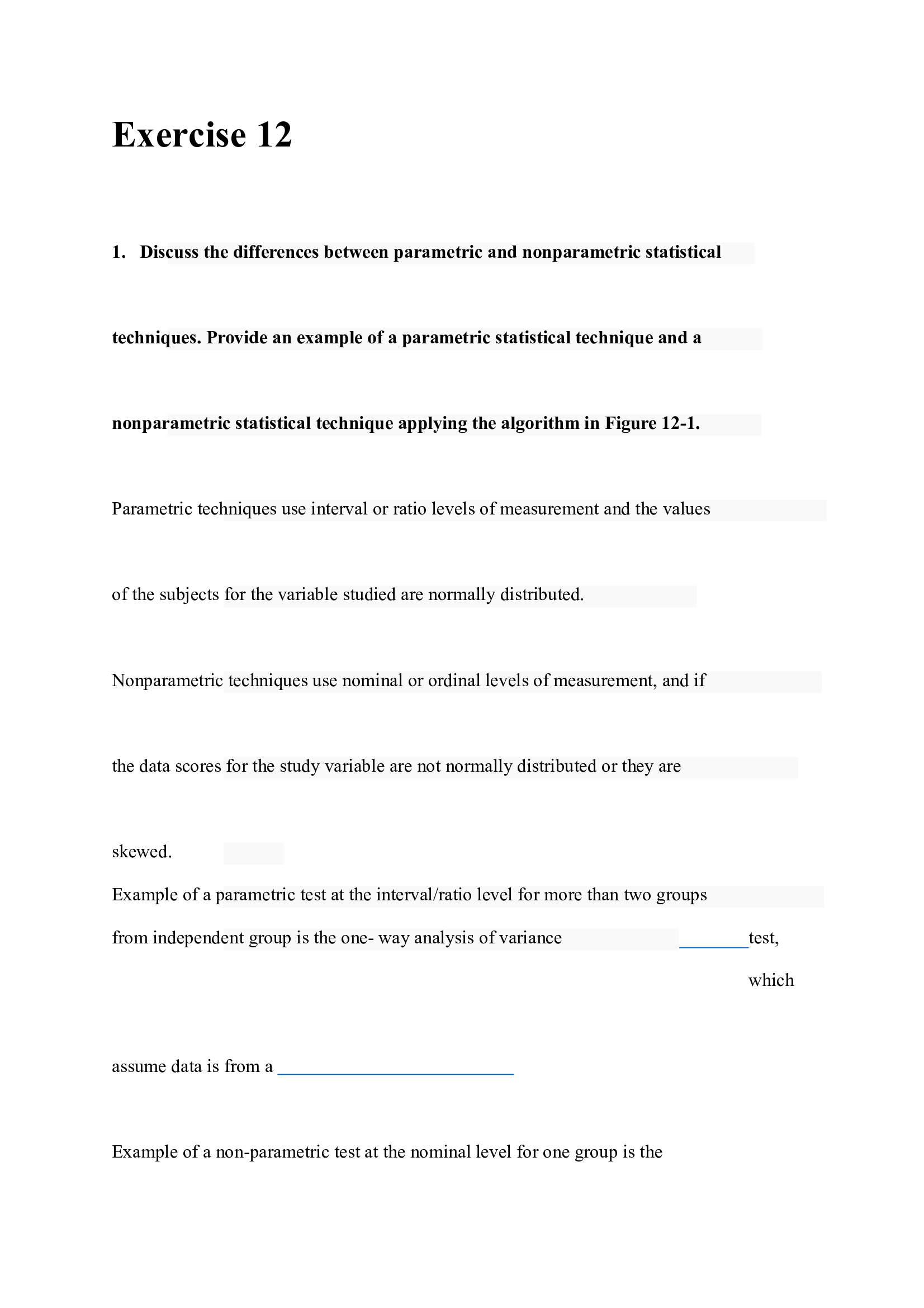 Exercise 12. Algorithm for Determining the Appropriateness of Inferential Statistical Techniques
