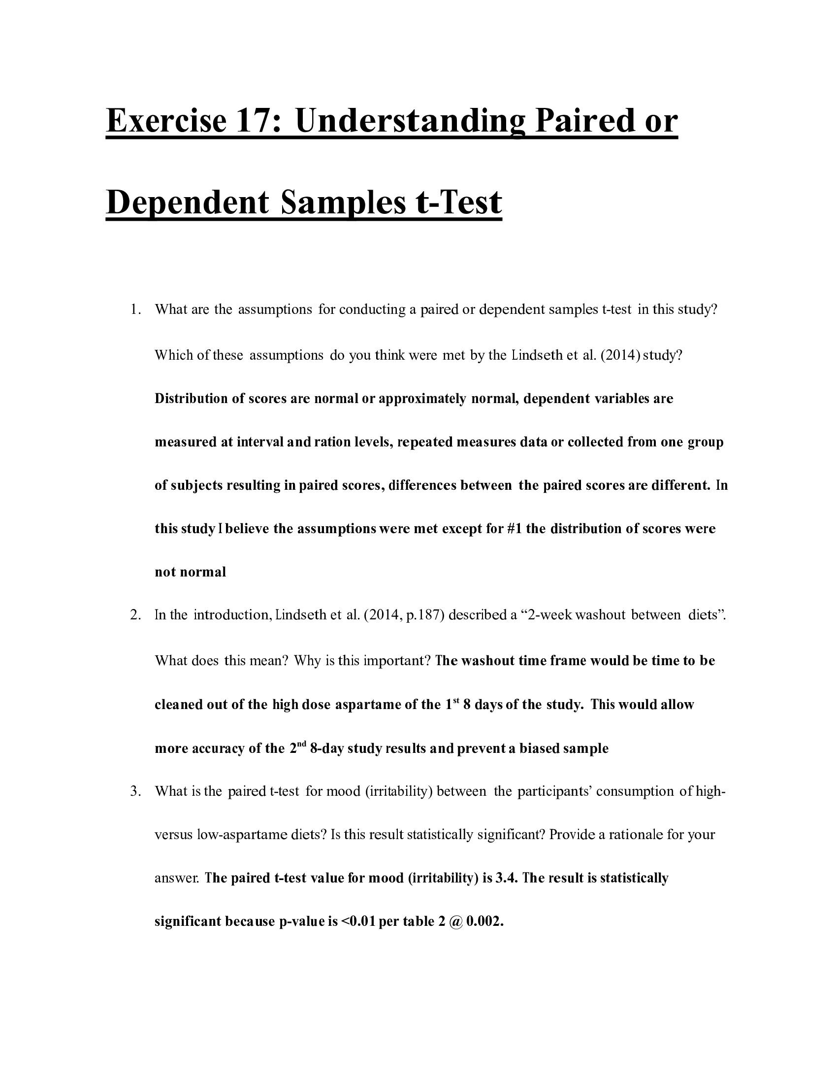 Exercise 17 Understanding Paired or Dependent Samples t-Test