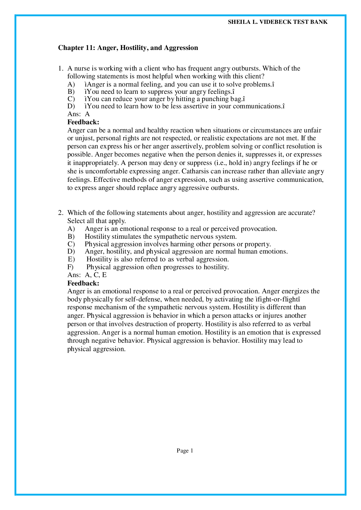 Chapter 11 Anger, Hostility, and Aggression - psychiatric nursing test bank pdf