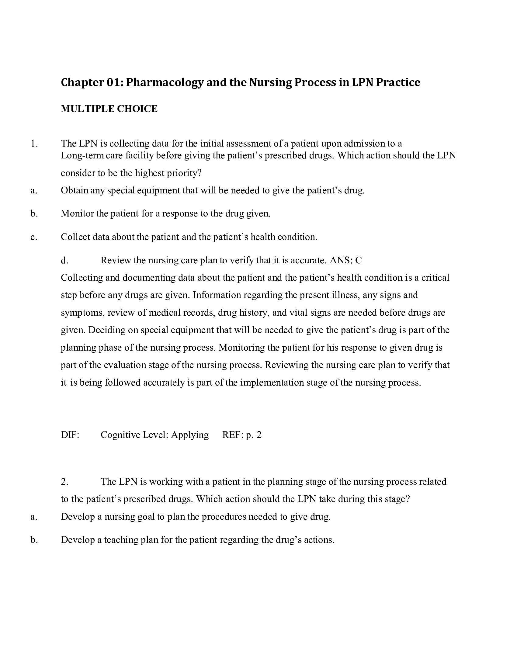 Chapter 1 Pharmacology and the Nursing Process in LPN Practice