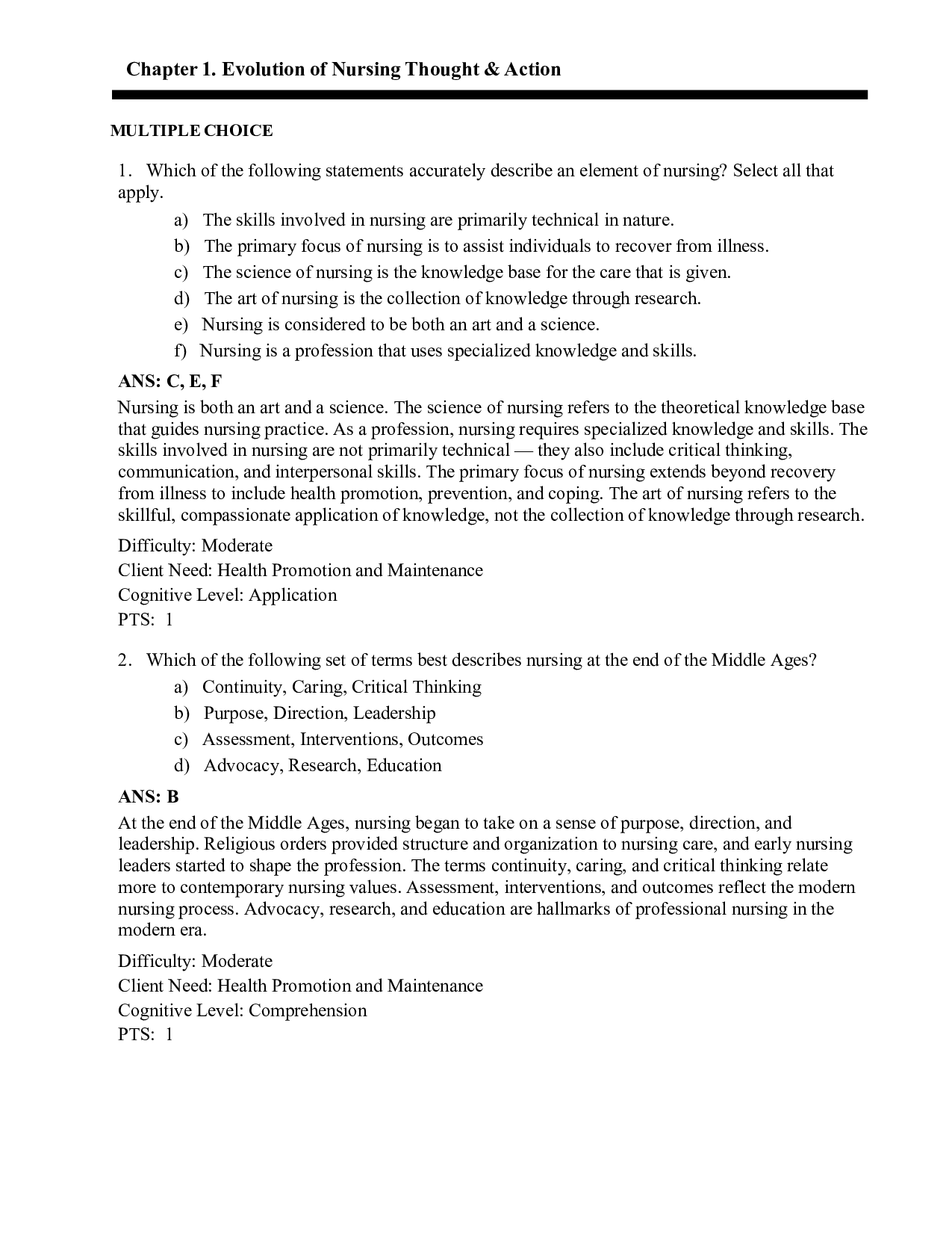 Chapter 1 Evolution of Nursing Thought & Action