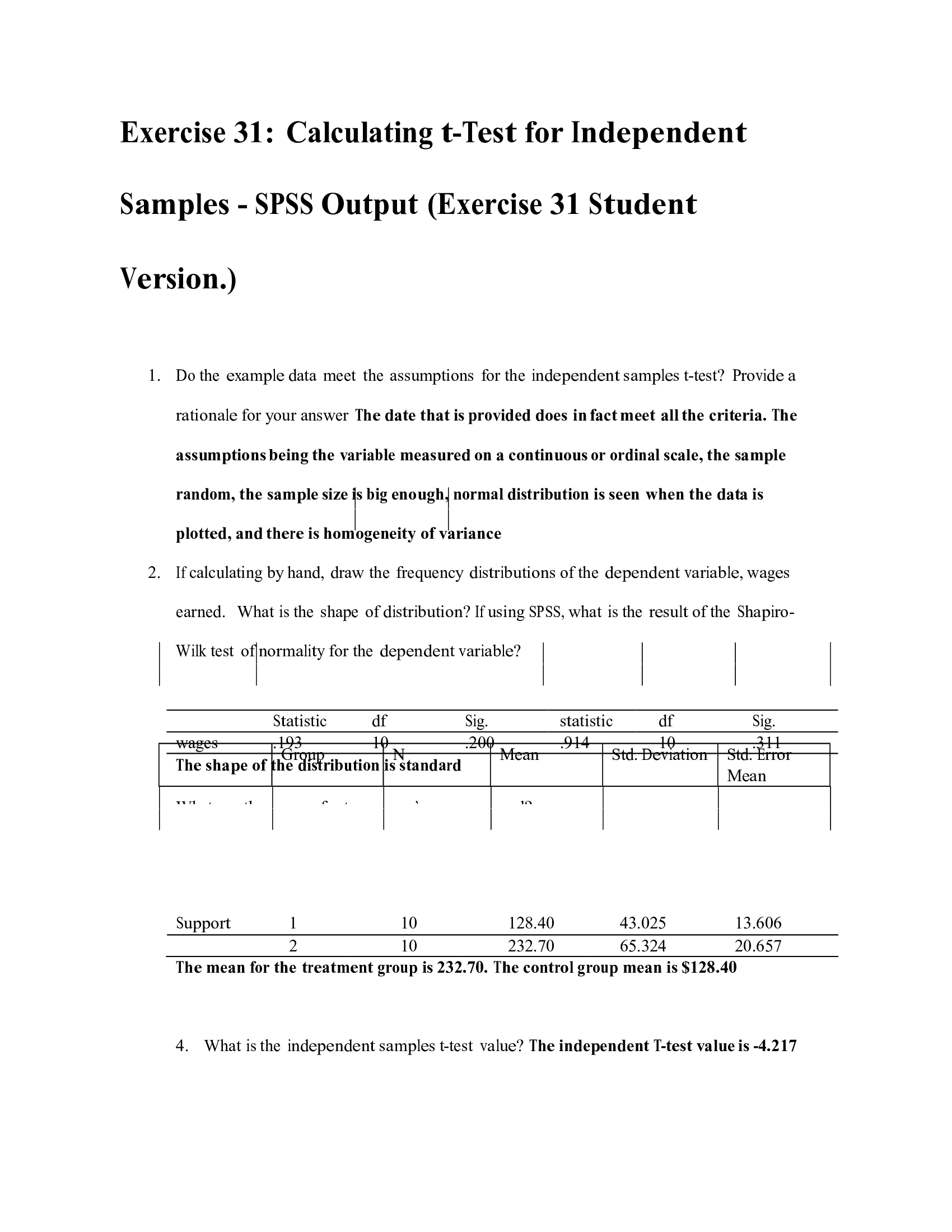 Exercise 31 Calculating t-Test for Independent Samples - SPSS Output (Exercise 31 Student Version.)