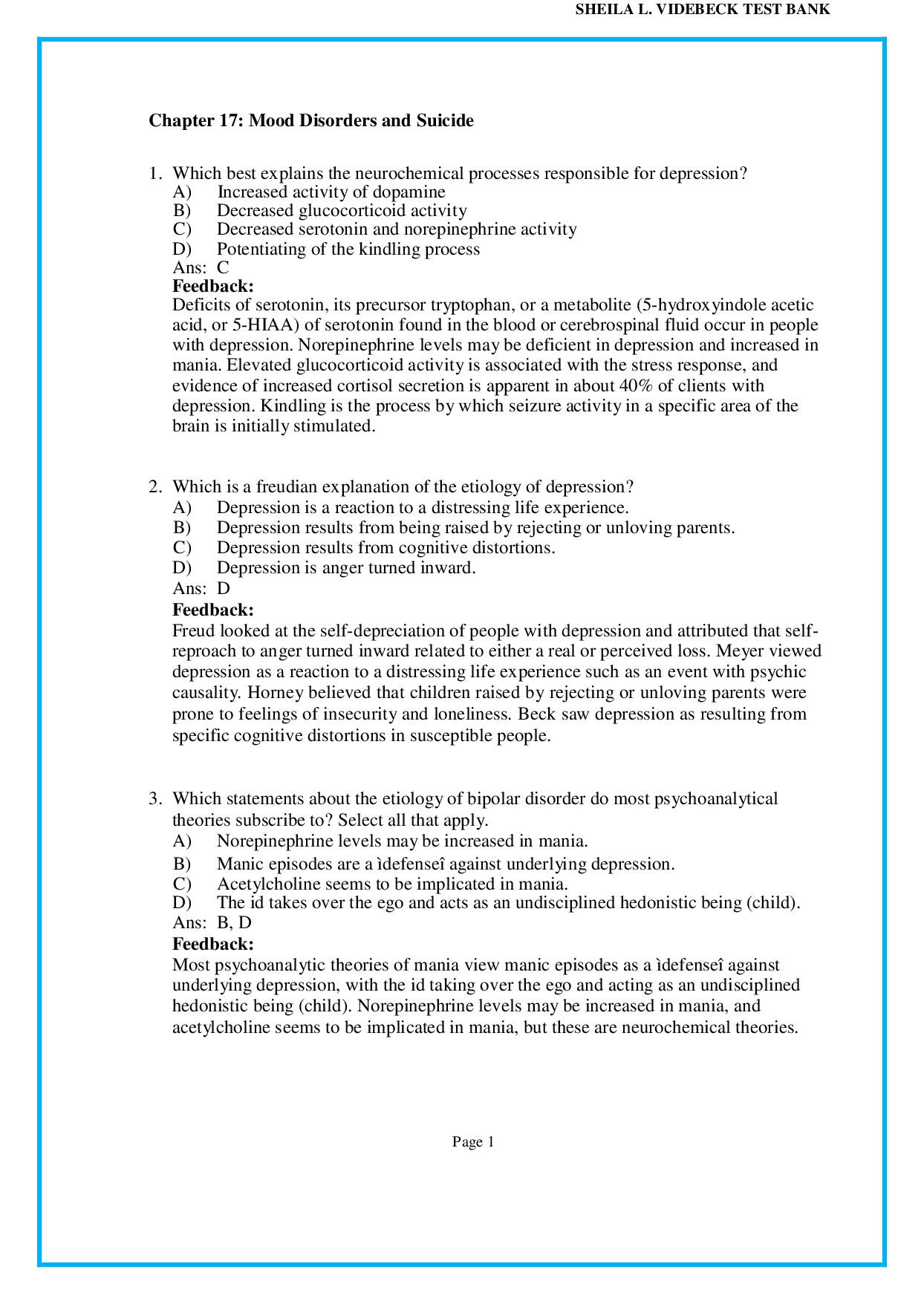 Chapter 17 Mood Disorders and Suicide - psychiatric nursing test bank pdf