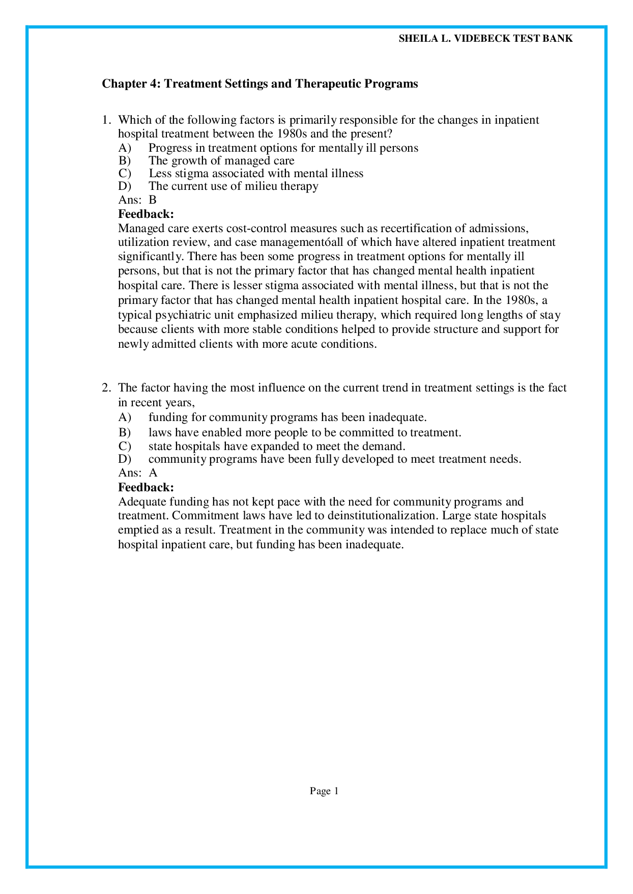 Chapter 4 Treatment Settings and Therapeutic Programs - psychiatric nursing test bank pdf