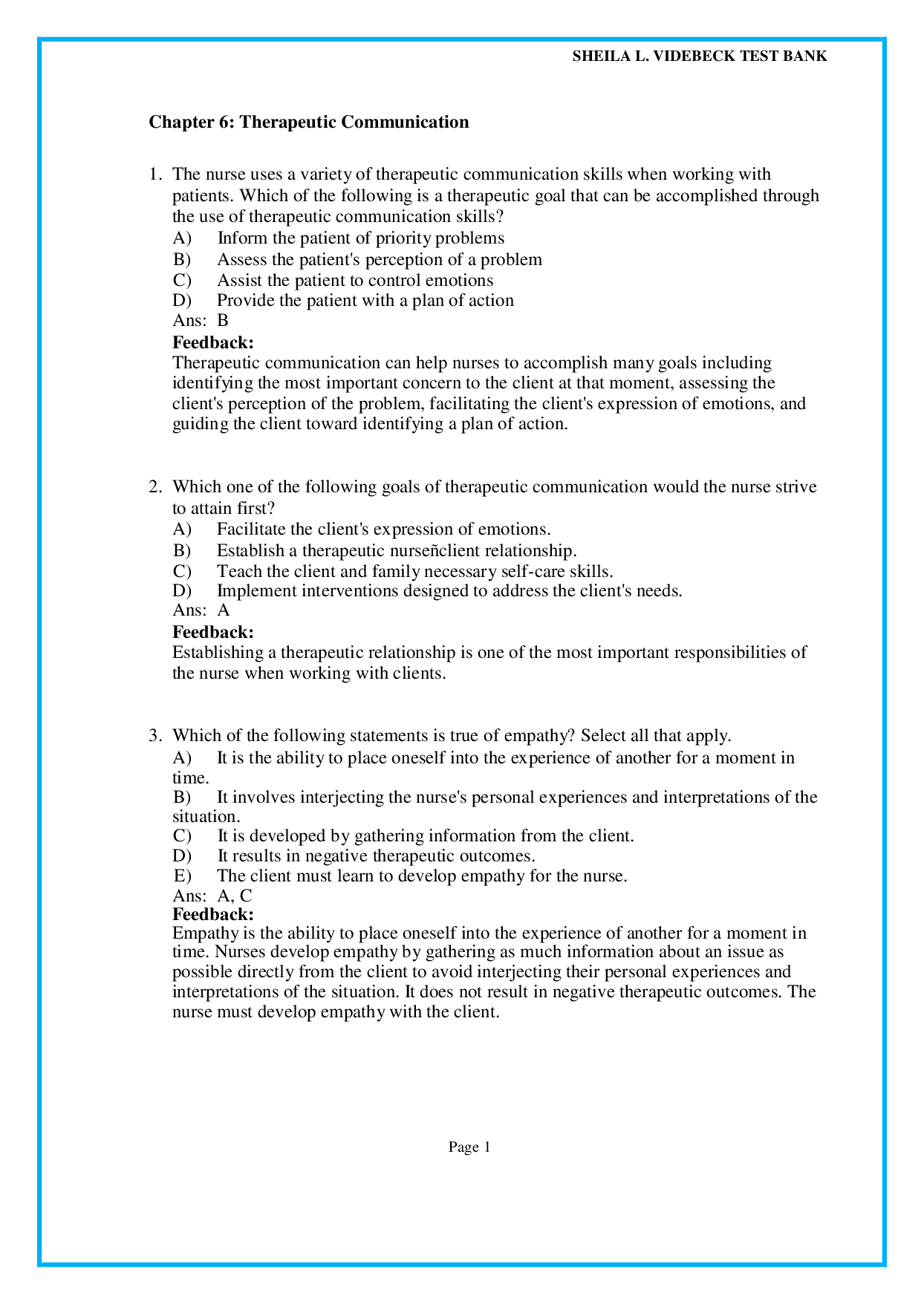 Chapter 6 Therapeutic Communication - psychiatric nursing test bank pdf