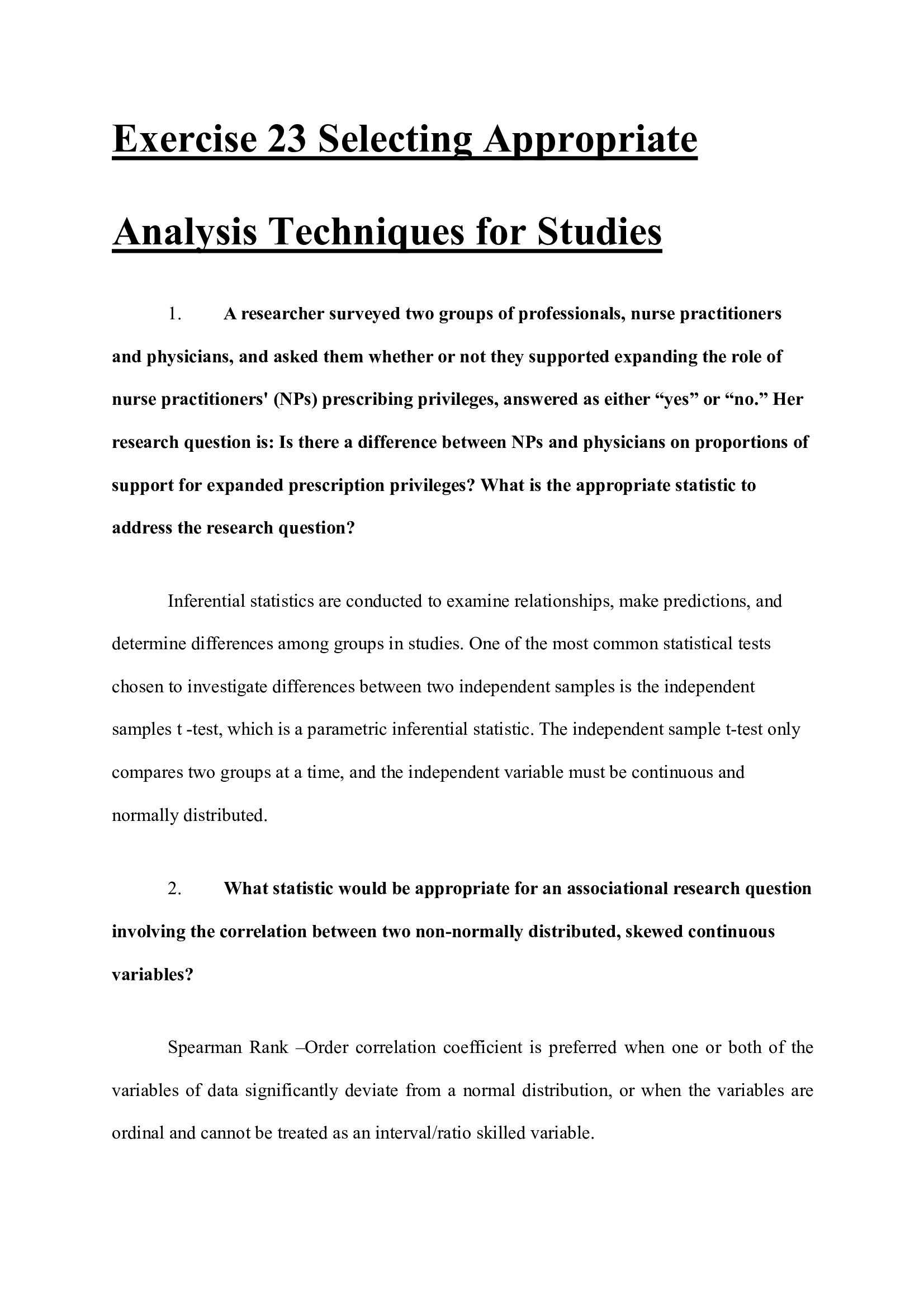 Exercise 23. Selecting Appropriate Analysis Techniques for Studies