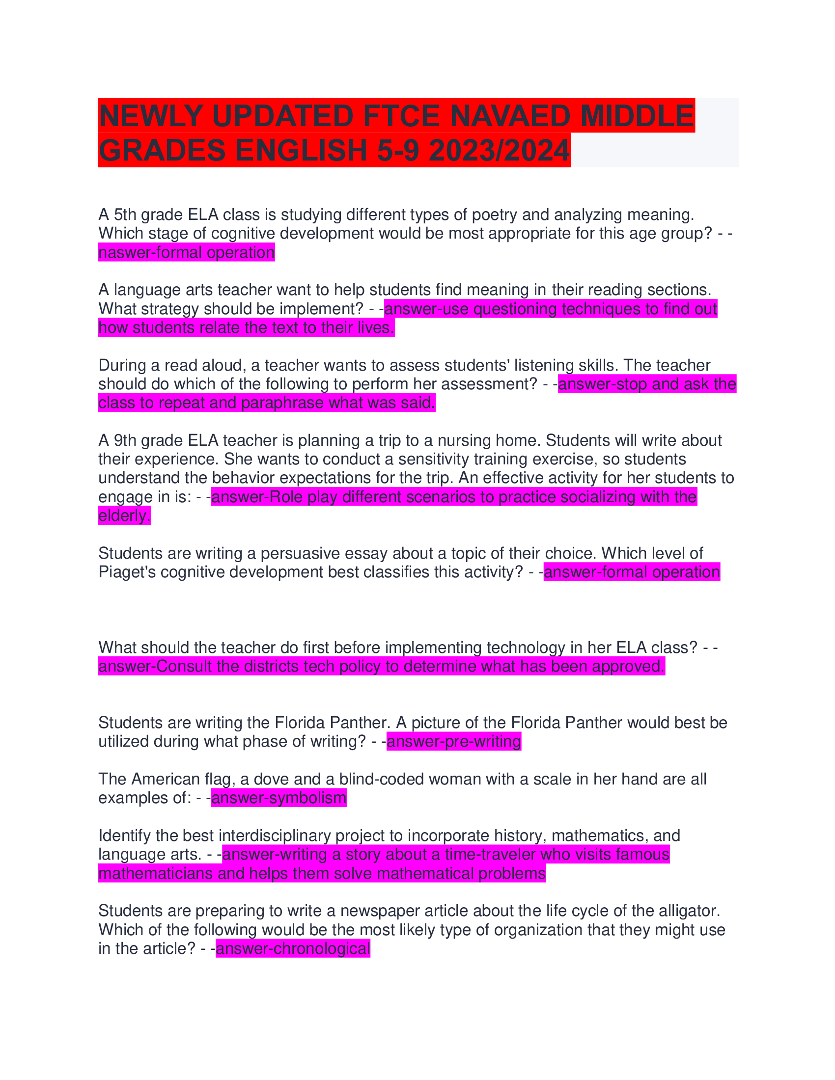 NEWLY UPDATED FTCE NAVAED MIDDLE  GRADES ENGLISH 5-9 2023/2024