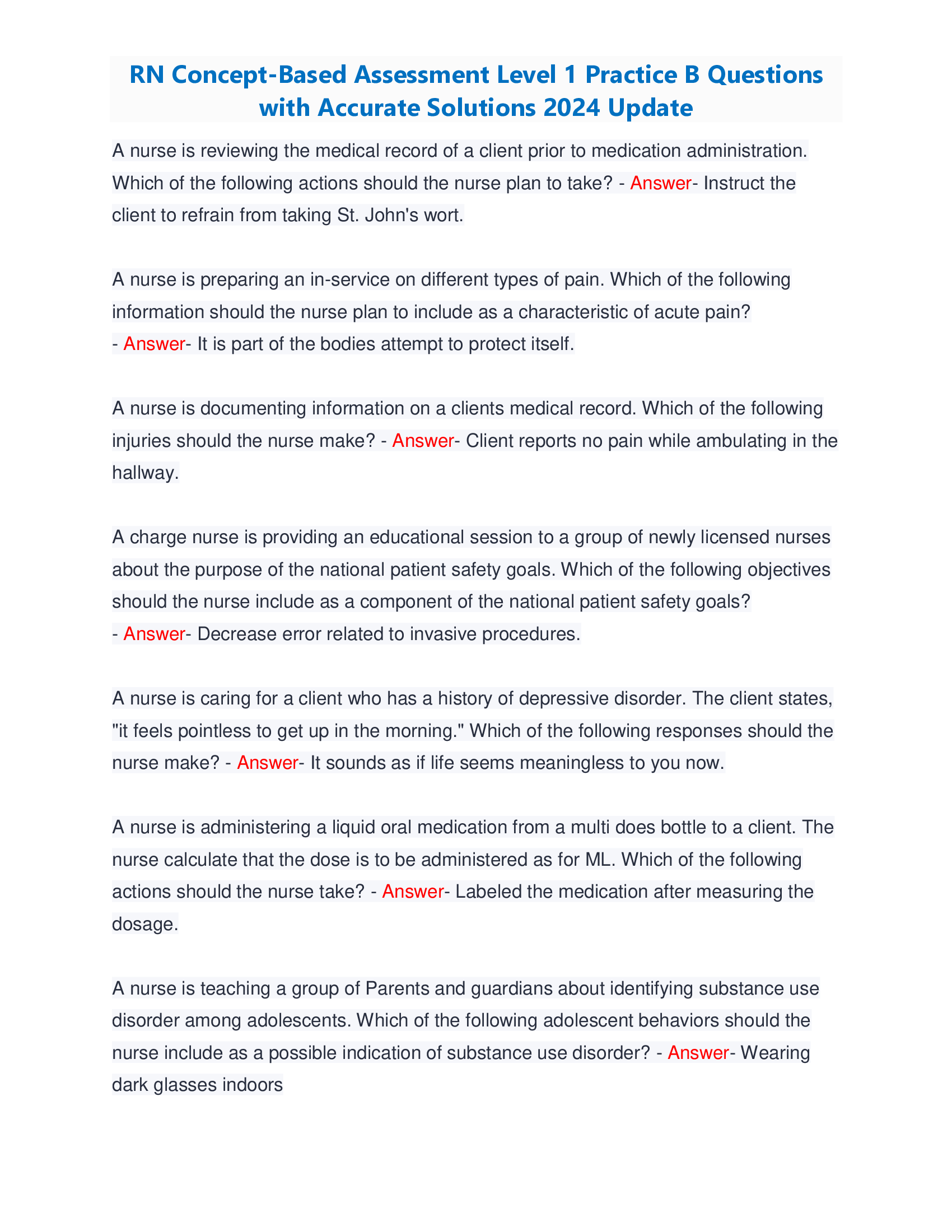 RN Concept-Based Assessment Level 1 Practice B Questions  with Accurate Solutions 2024 Update