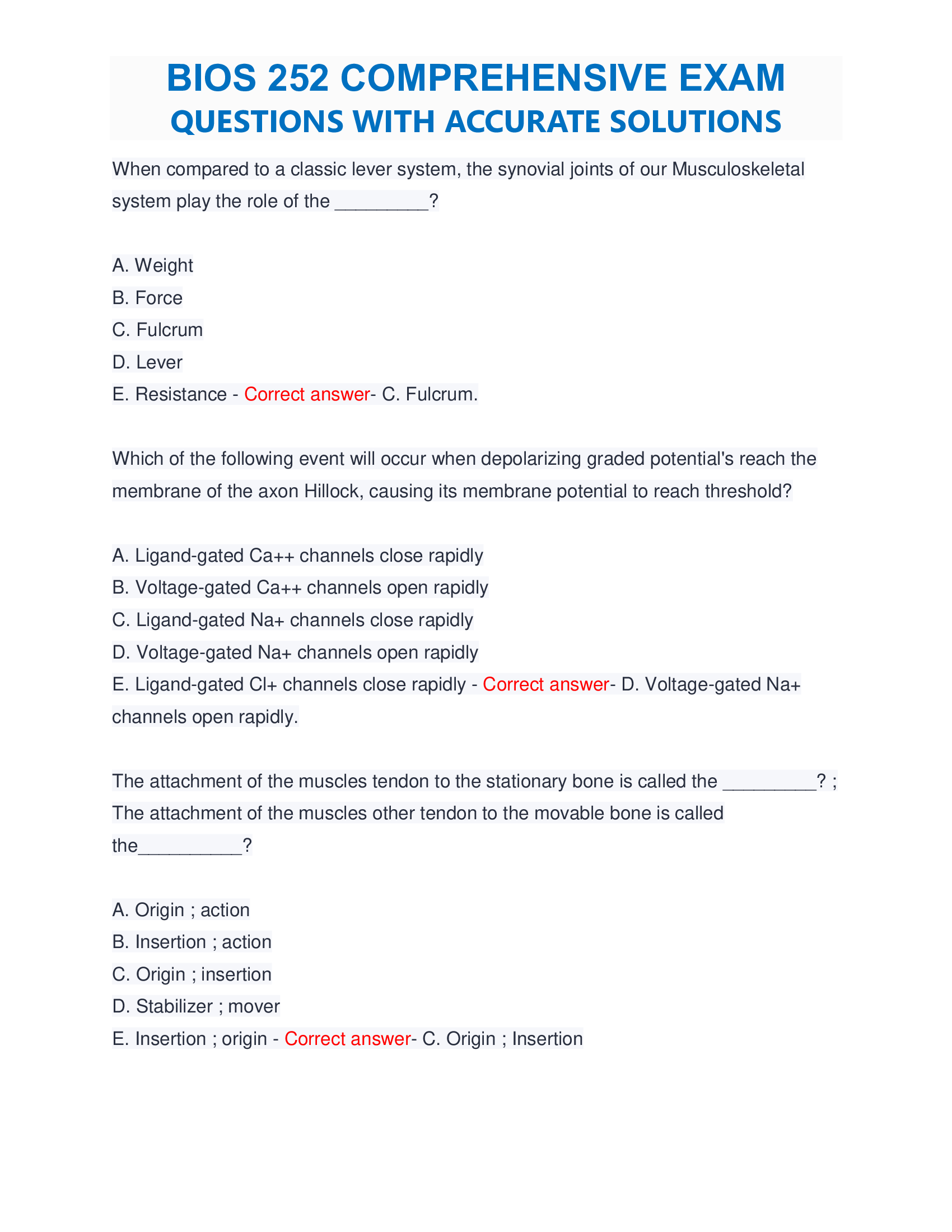 BIOS 252 COMPREHENSIVE EXAM QUESTIONS WITH ACCURATE SOLUTIONS