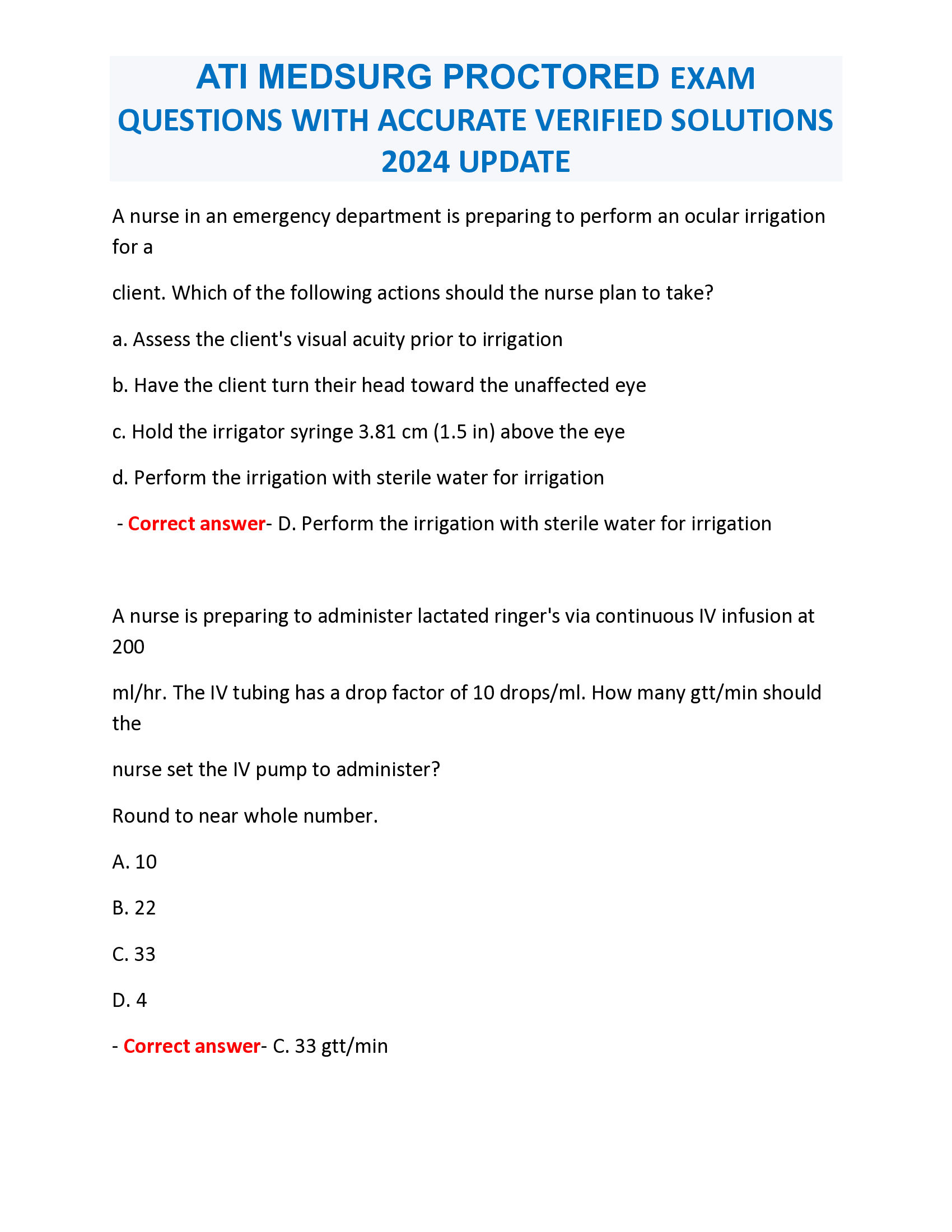 ATI MEDSURG PROCTORED EXAM  QUESTIONS WITH ACCURATE VERIFIED SOLUTIONS  2024 UPDATE