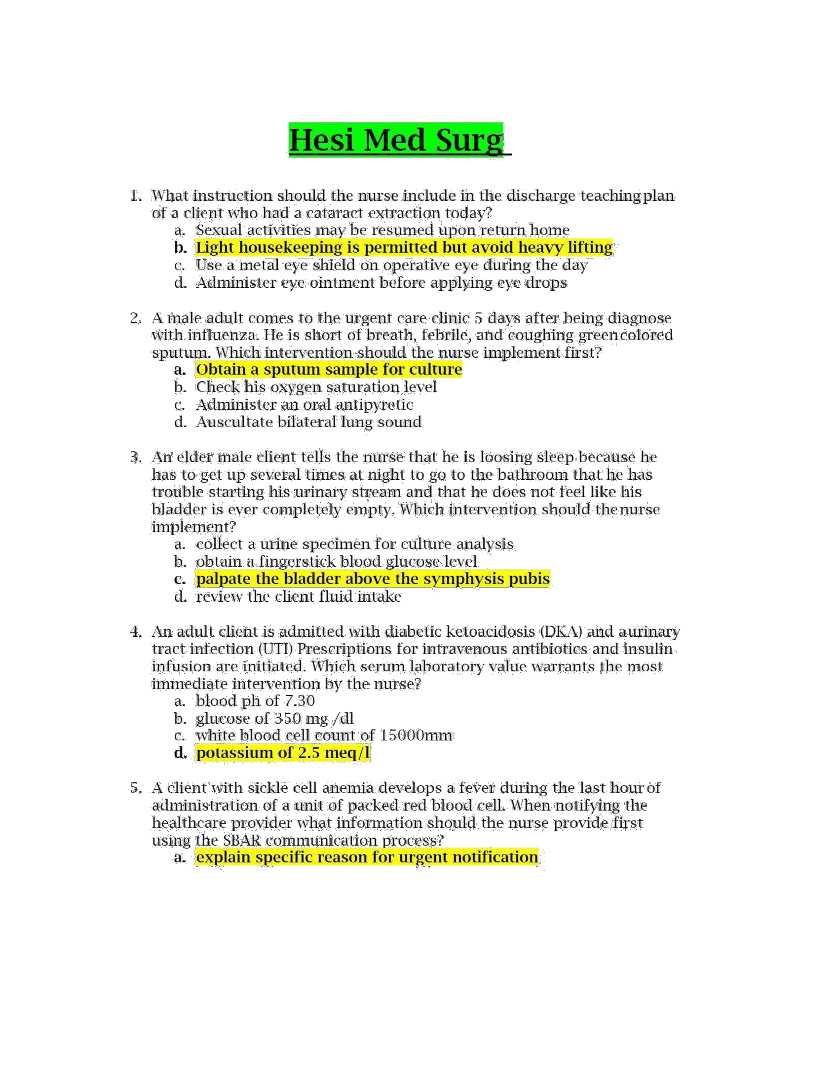 HESI RN MED SURG EXAM TEST BANK - COMPILATION OF 20 DIFFERENT VERSIONS