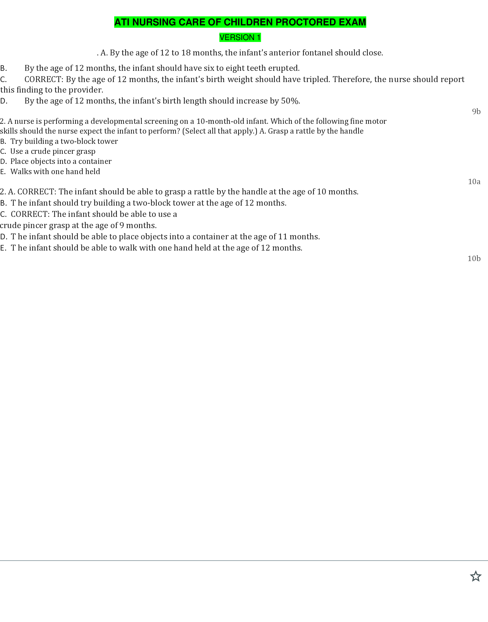 ATI NURSING CARE OF CHILDREN PROCTORED EXAM(11 VERSIONS)