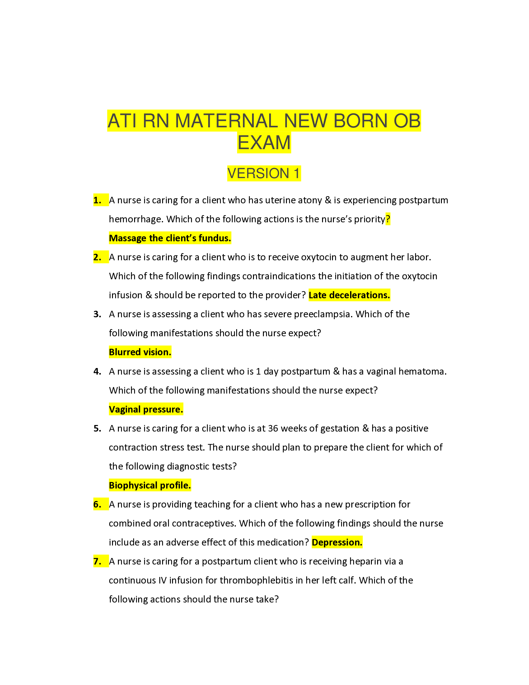 ATI RN MATERNAL NEWBORN OB EXAM ( 4 VERSIONS)