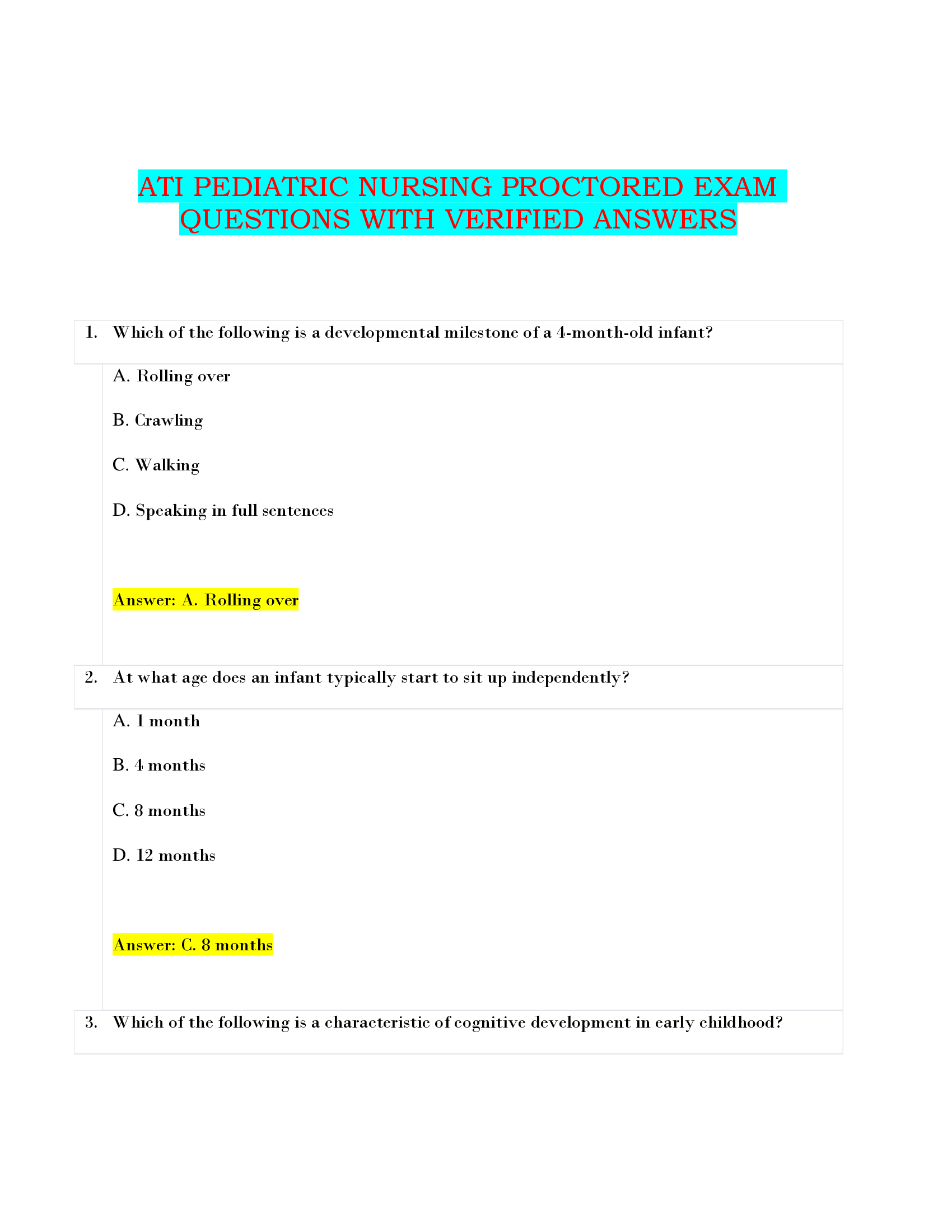 ATI PEDIATRIC NURSING PROCTORED EXAM QUESTIONS WITH VERIFIED ANSWERS