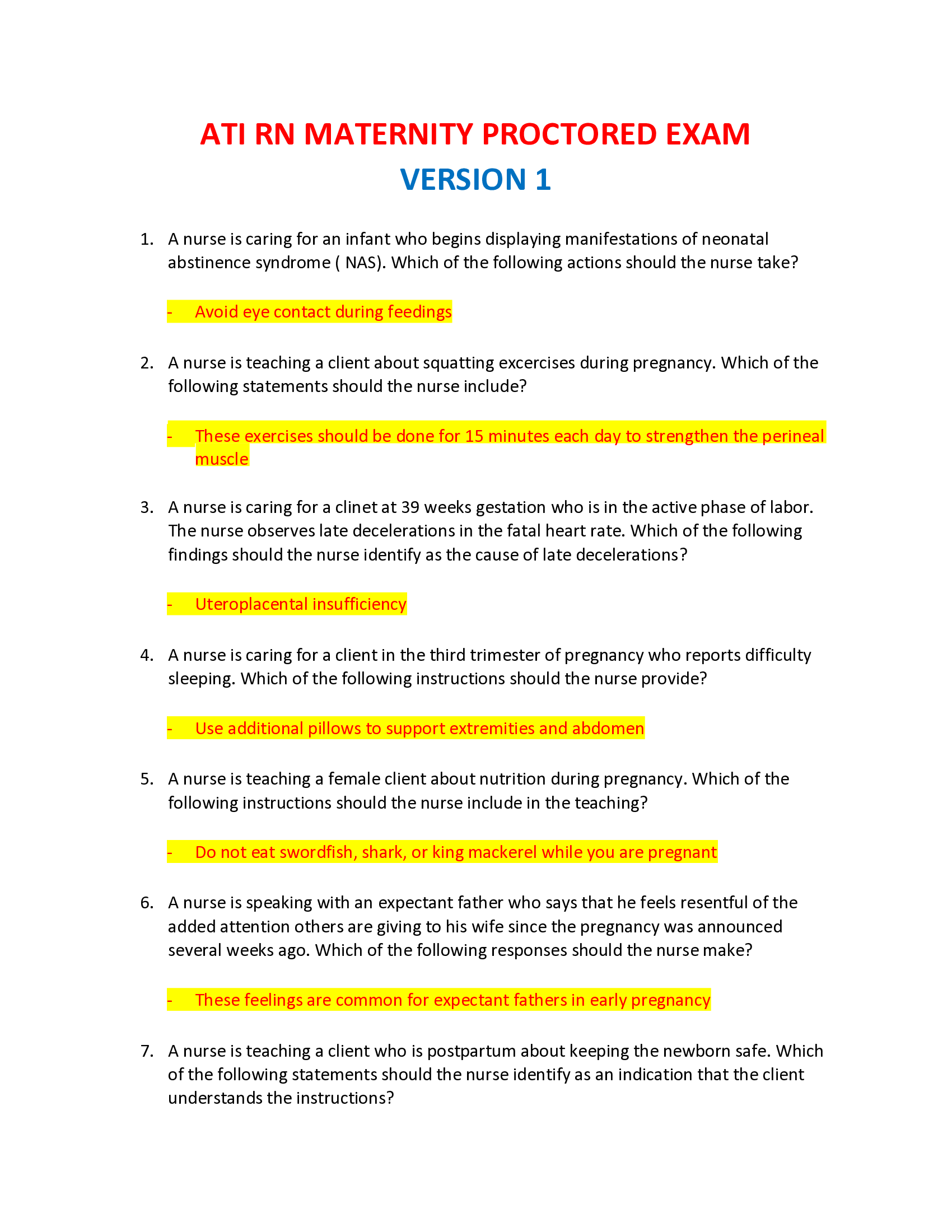 ATI RN MATERNITY PROCTORED EXAM WITH 39 SETS