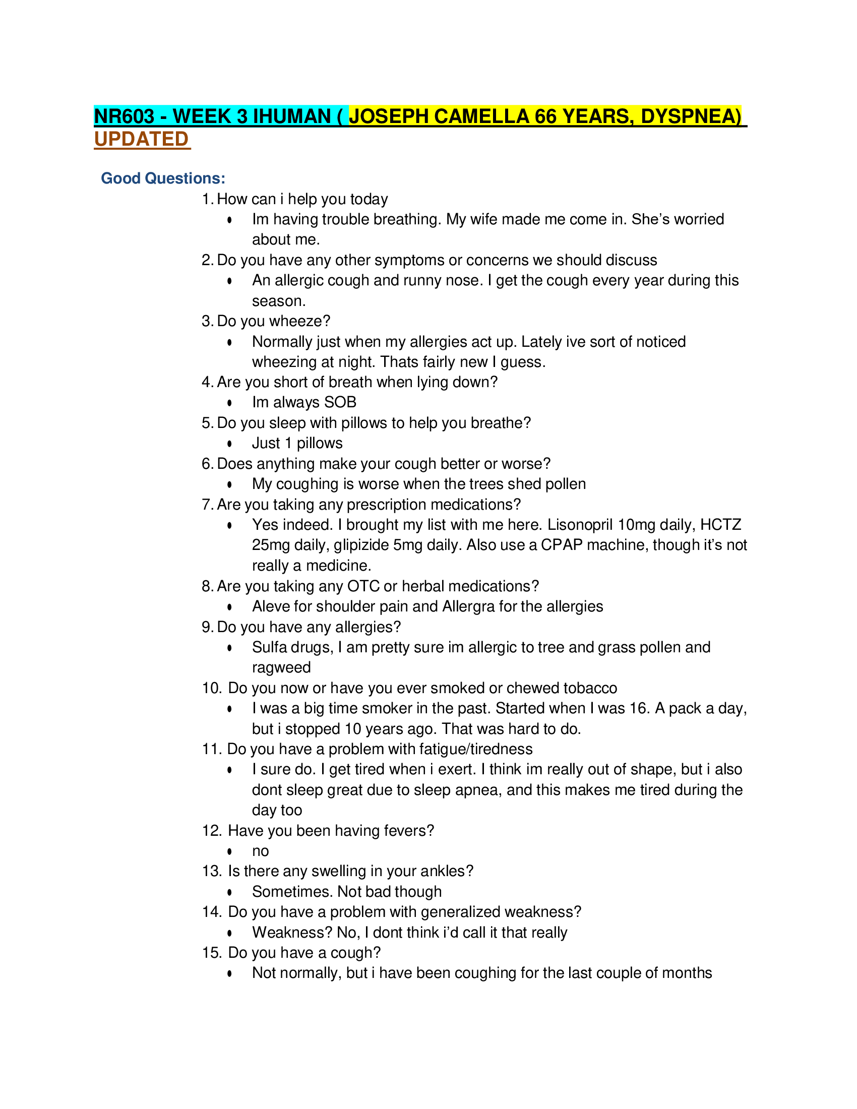 NR603: Week 3 iHuman (Joseph Camella 66 Years, Dyspnea)