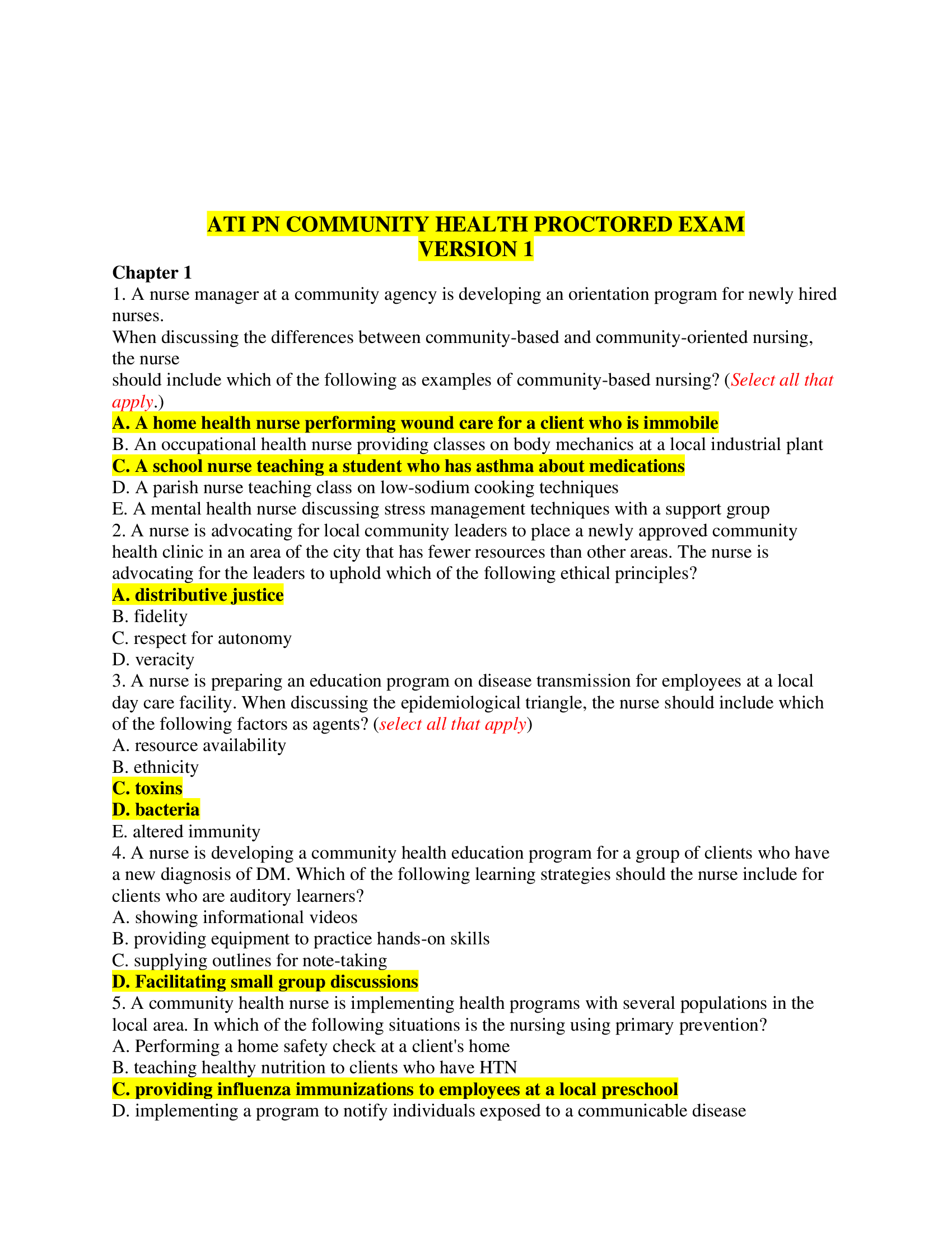 ATI PN COMMUNITY HEALTH PROCTORED EXAM (14 VERSIONS)